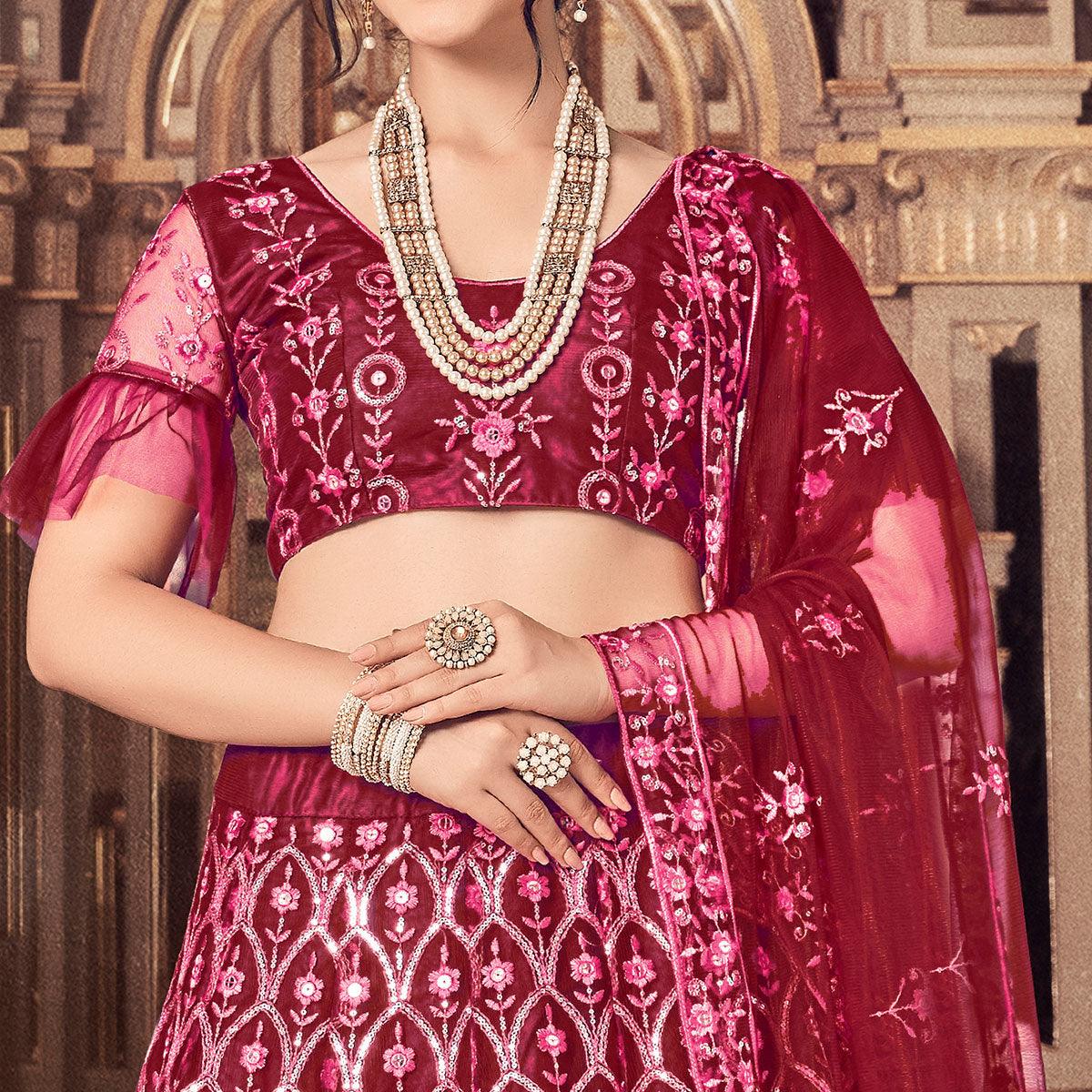 Maroon Partywear Thread Sequence Soft Net Lehenga Choli - Peachmode