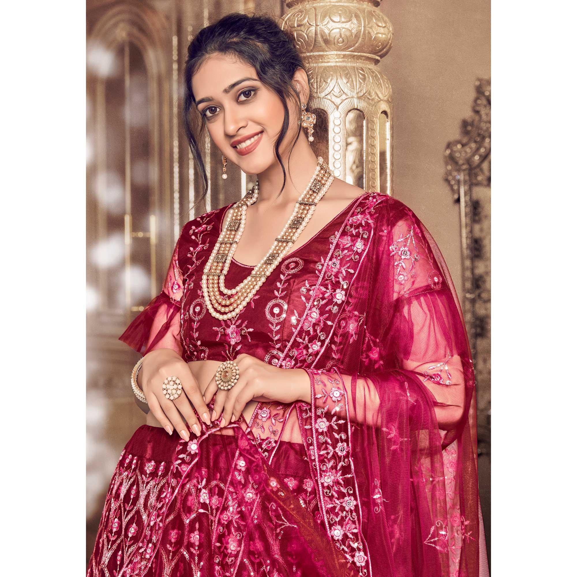 Maroon Partywear Thread Sequence Soft Net Lehenga Choli - Peachmode