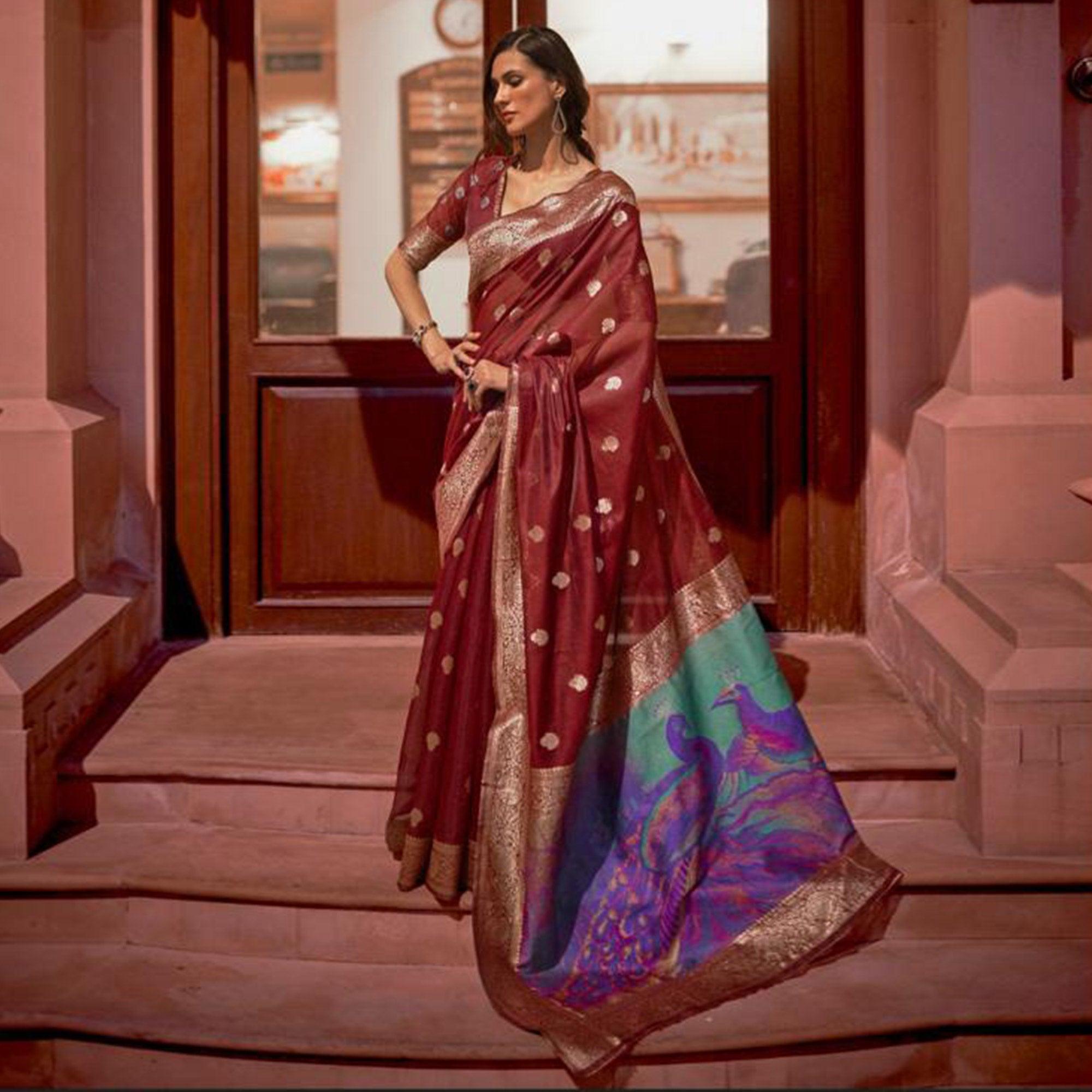 Maroon Partywear Woven Silk Saree - Peachmode