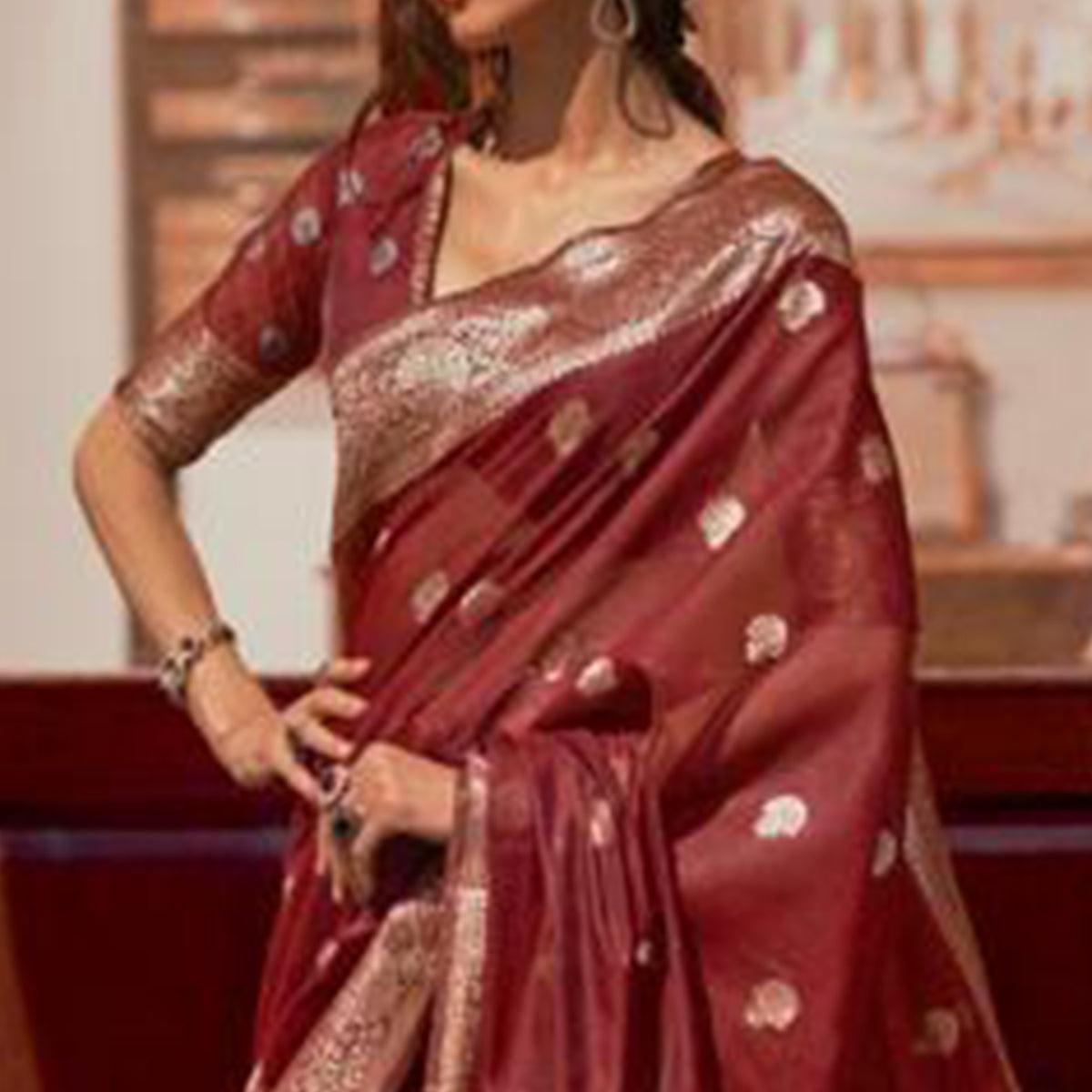 Maroon Partywear Woven Silk Saree - Peachmode