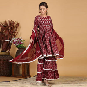 Maroon Patywear Printed With Gotta Patti Cotton Palazzo Suit - Peachmode
