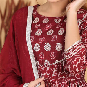 Maroon Patywear Printed With Gotta Patti Cotton Palazzo Suit - Peachmode