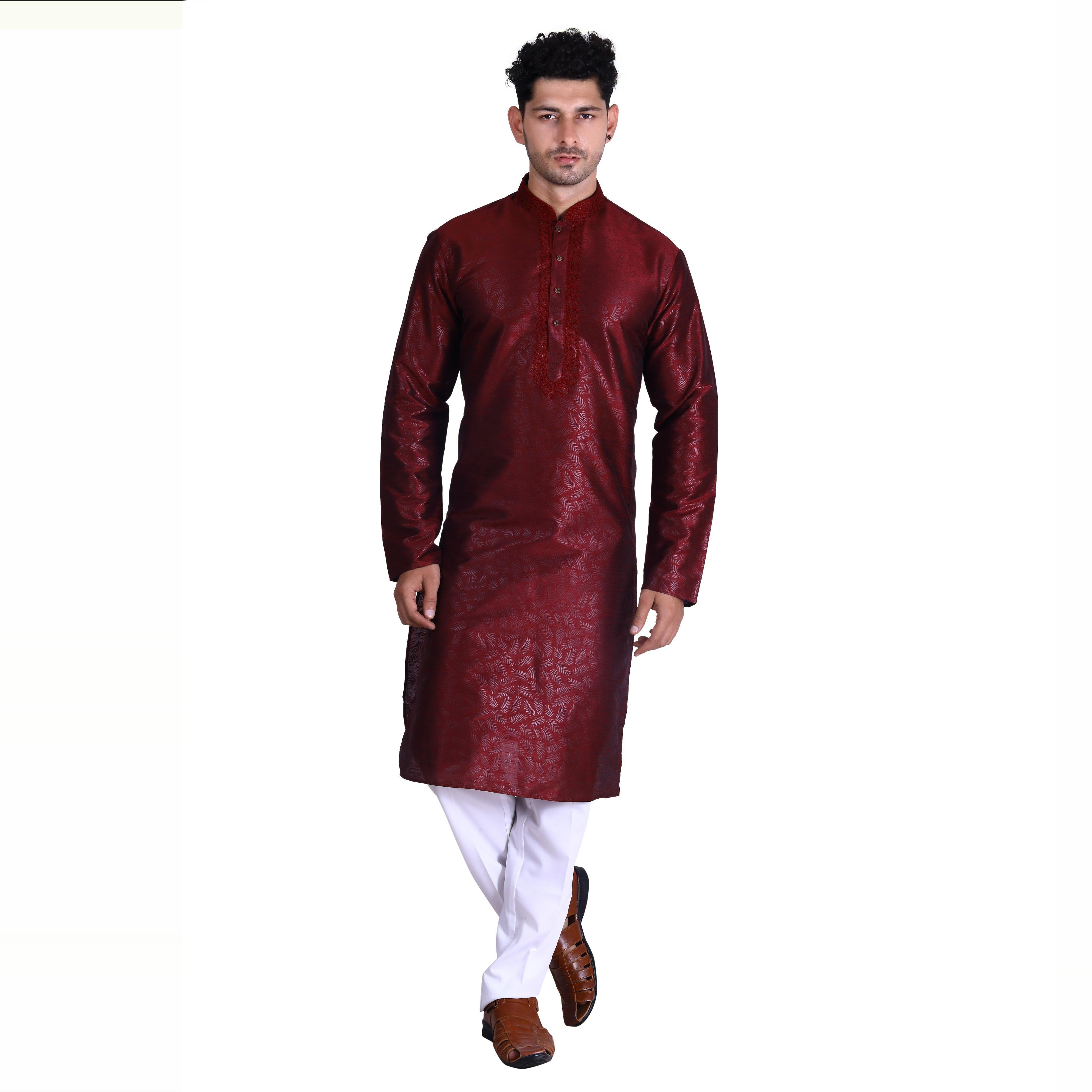 Maroon Printed Art Silk Men's Kurta Pyjama Set - Peachmode