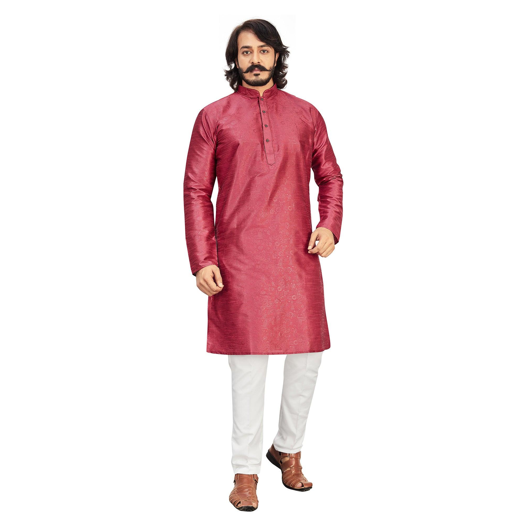 Radiant Maroon Colored Festive Wear Pure Art Silk Men's Kurta Pyjama Set