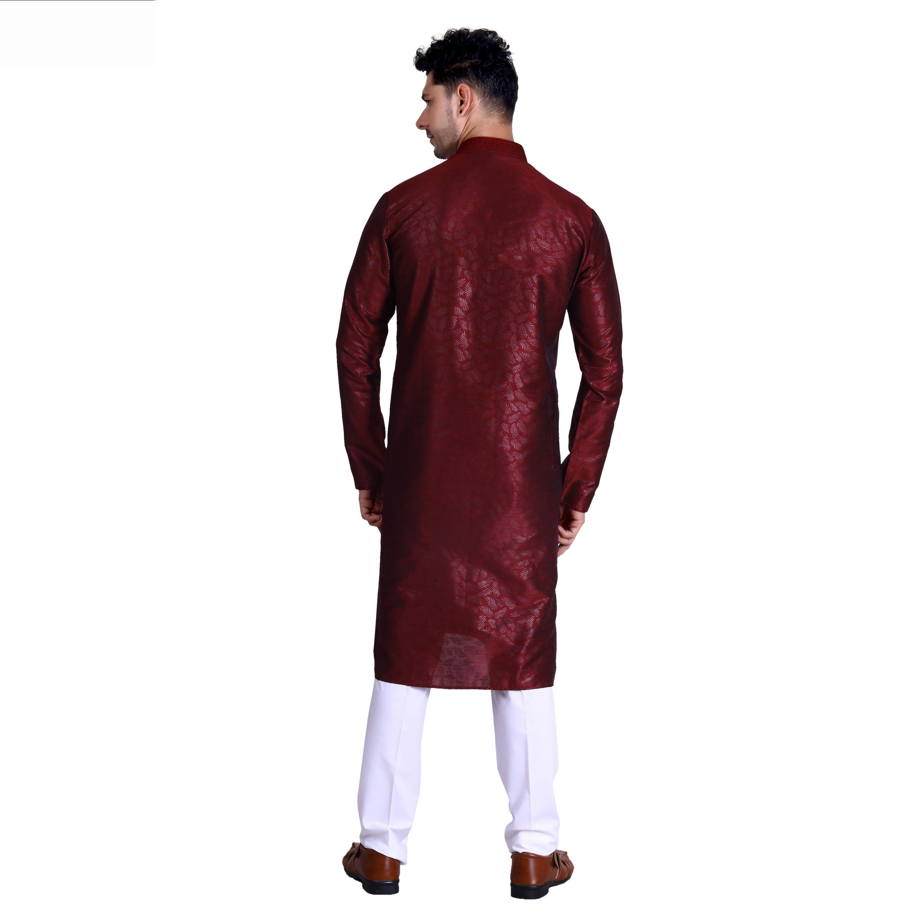 Maroon Printed Art Silk Men's Kurta Pyjama Set - Peachmode