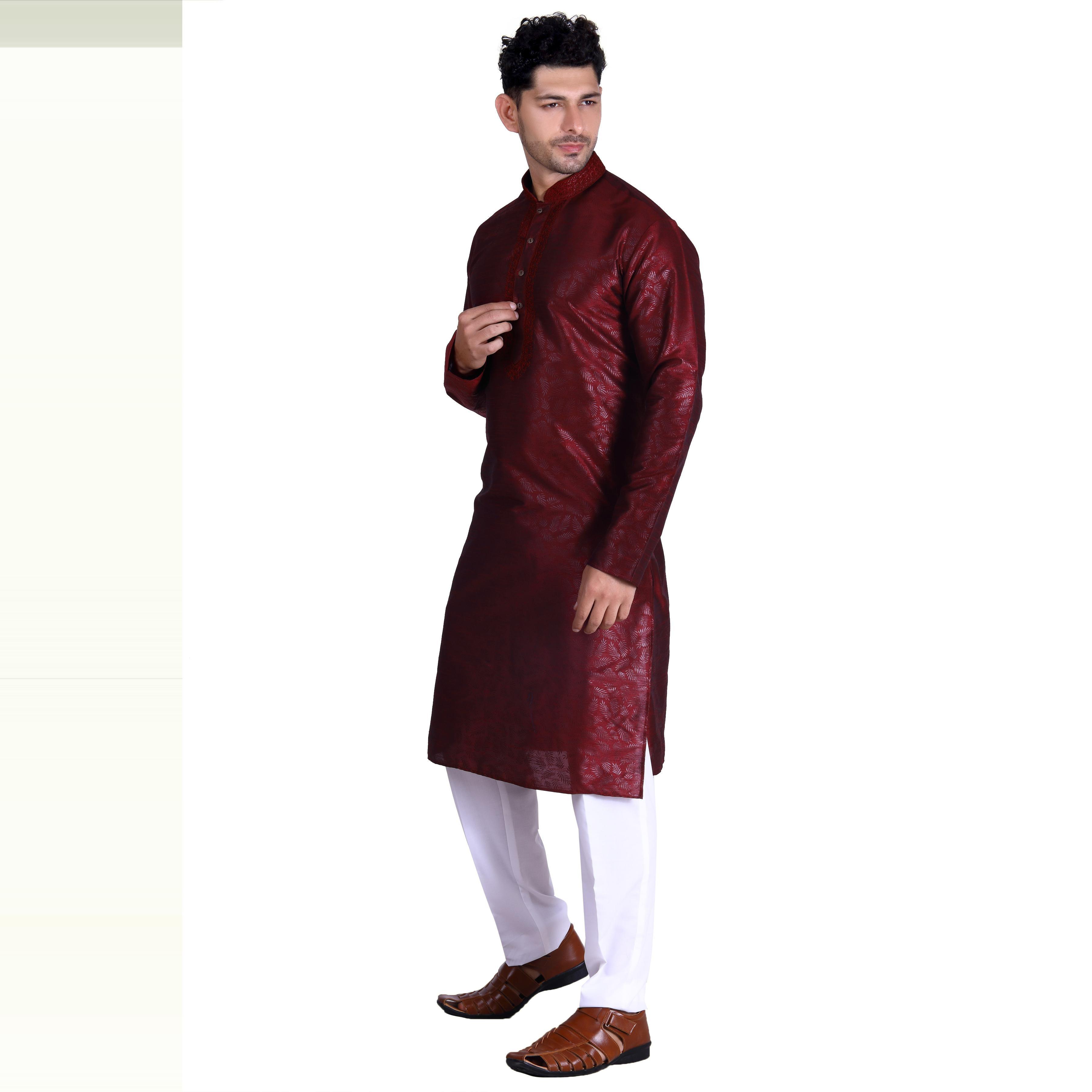 Maroon Printed Art Silk Men's Kurta Pyjama Set - Peachmode