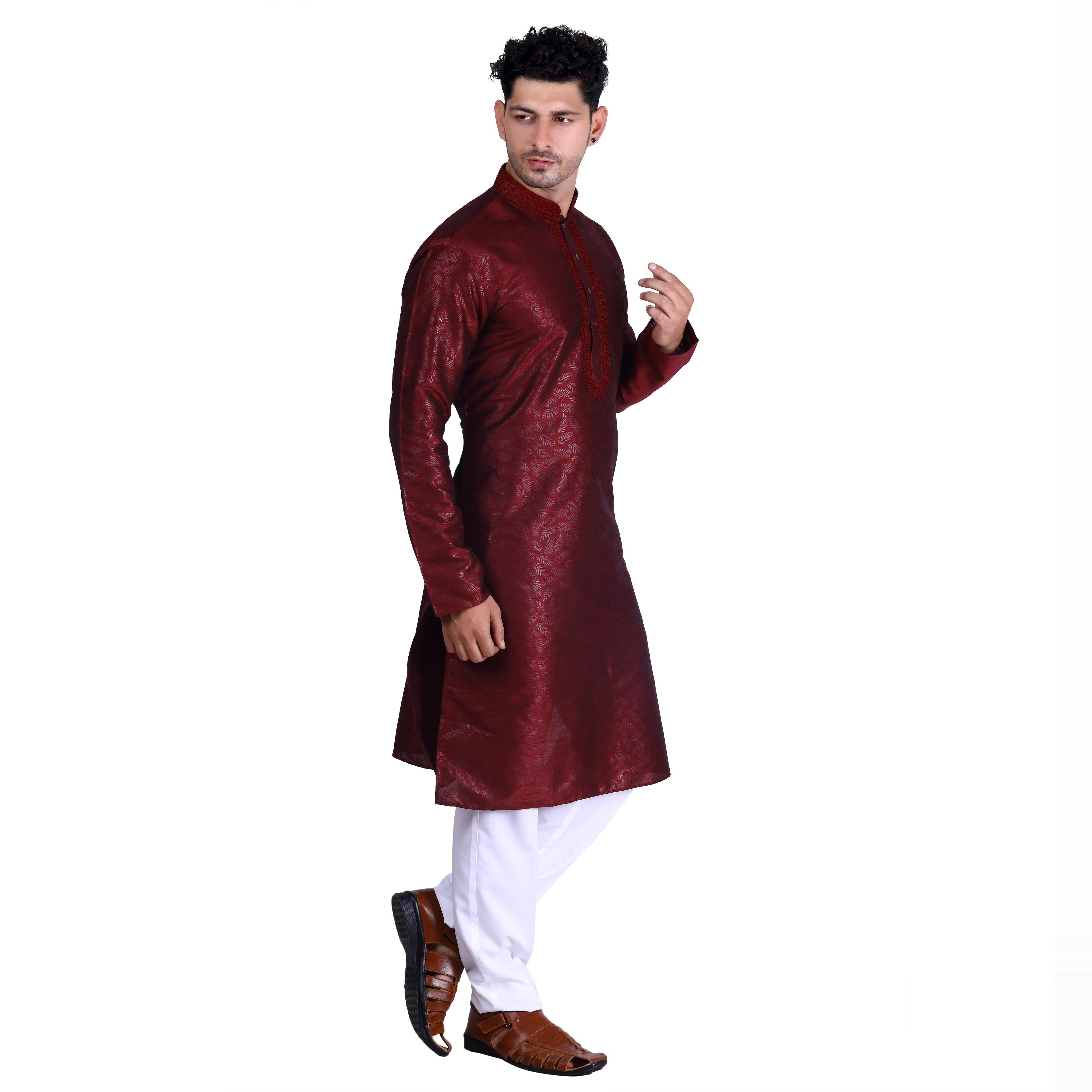 Maroon Printed Art Silk Men's Kurta Pyjama Set - Peachmode