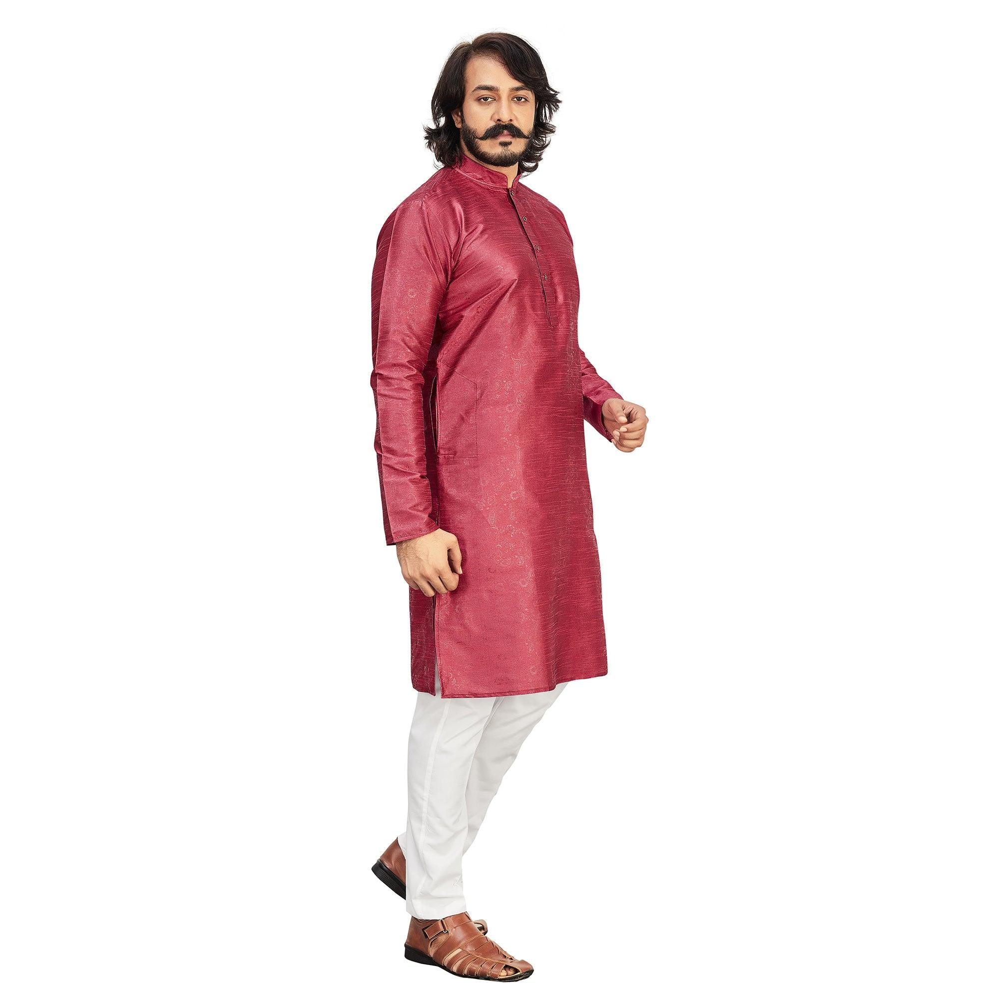 Maroon Printed Art Silk Men's Kurta Pyjama Set - Peachmode