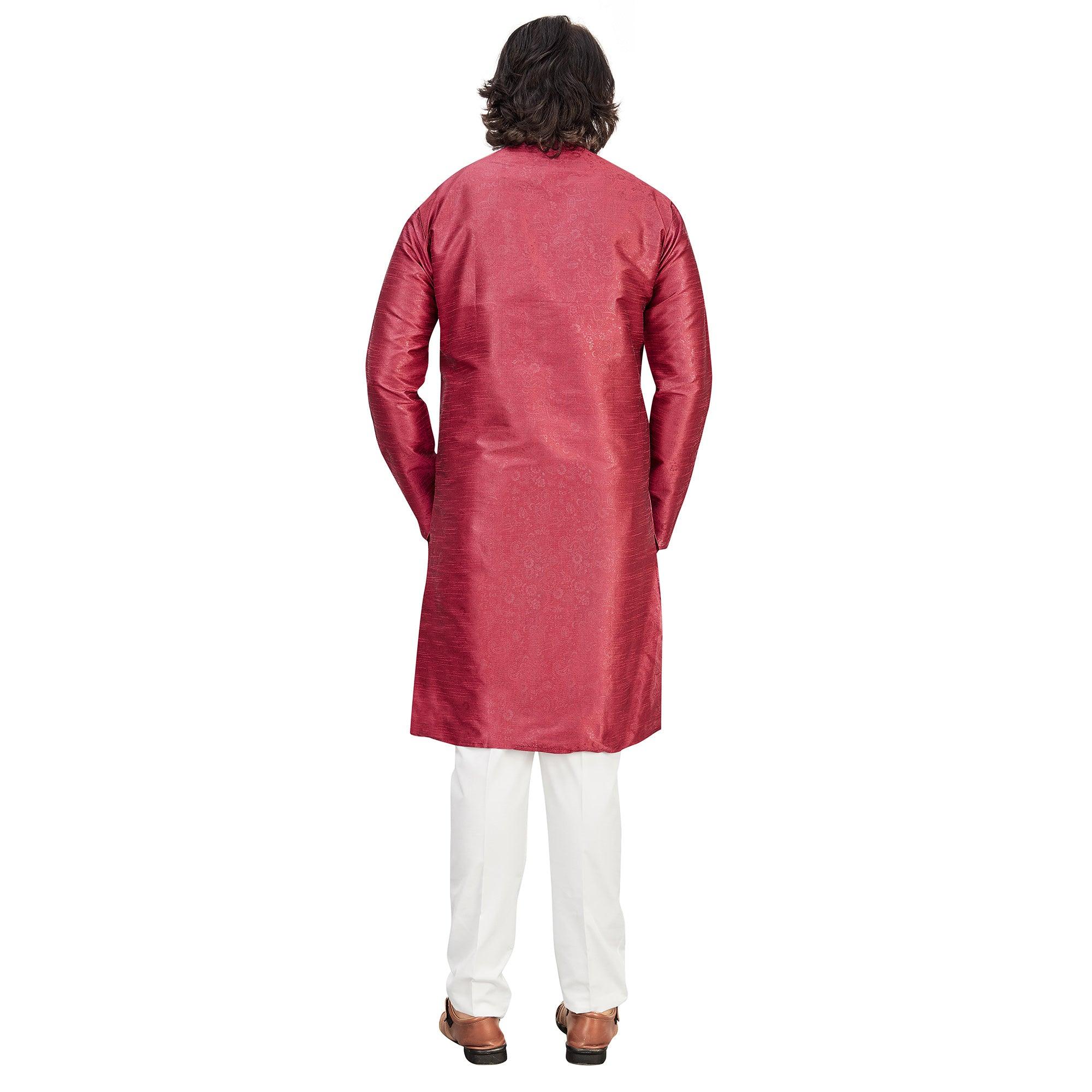 Radiant Maroon Colored Festive Wear Pure Art Silk Men's Kurta Pyjama Set