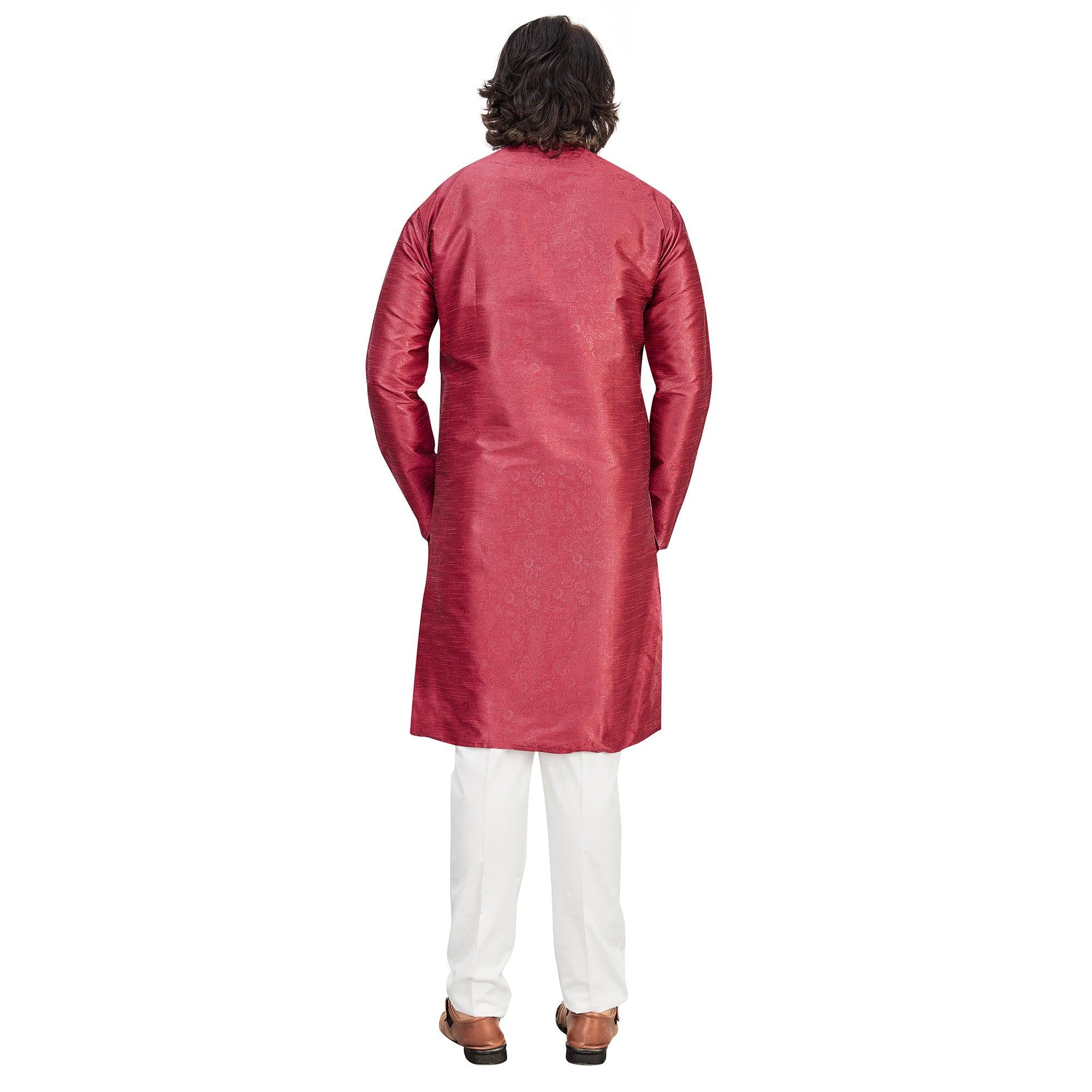 Maroon Printed Art Silk Men's Kurta Pyjama Set - Peachmode