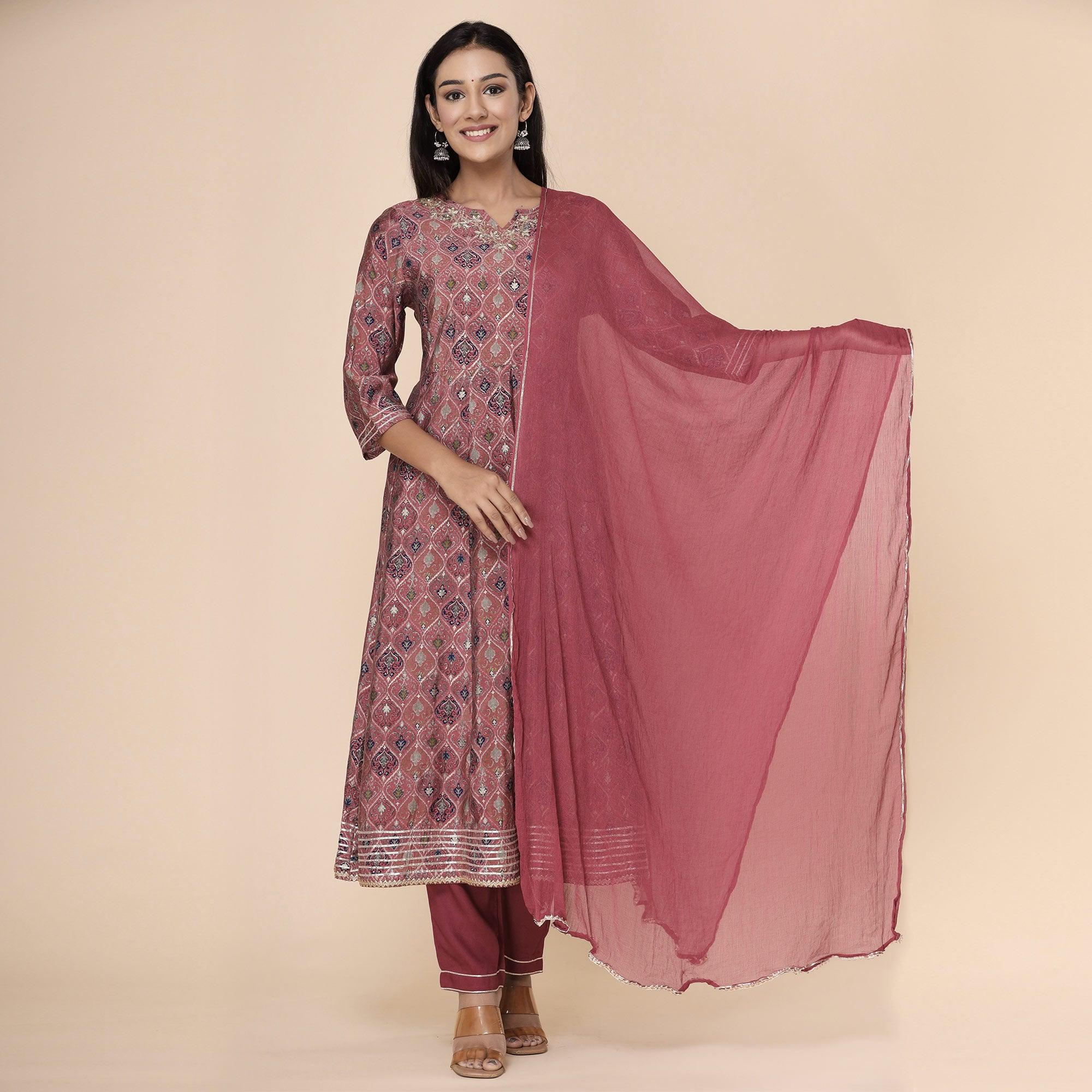 Maroon Printed Cotton Silk Anarkali Kurti Pant Set With Dupatta - Peachmode