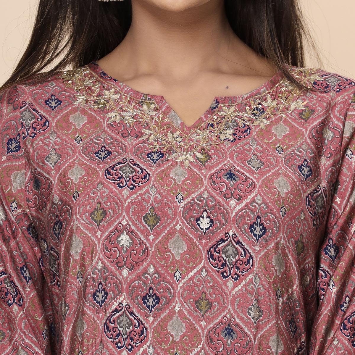 Maroon Printed Cotton Silk Anarkali Kurti Pant Set With Dupatta - Peachmode