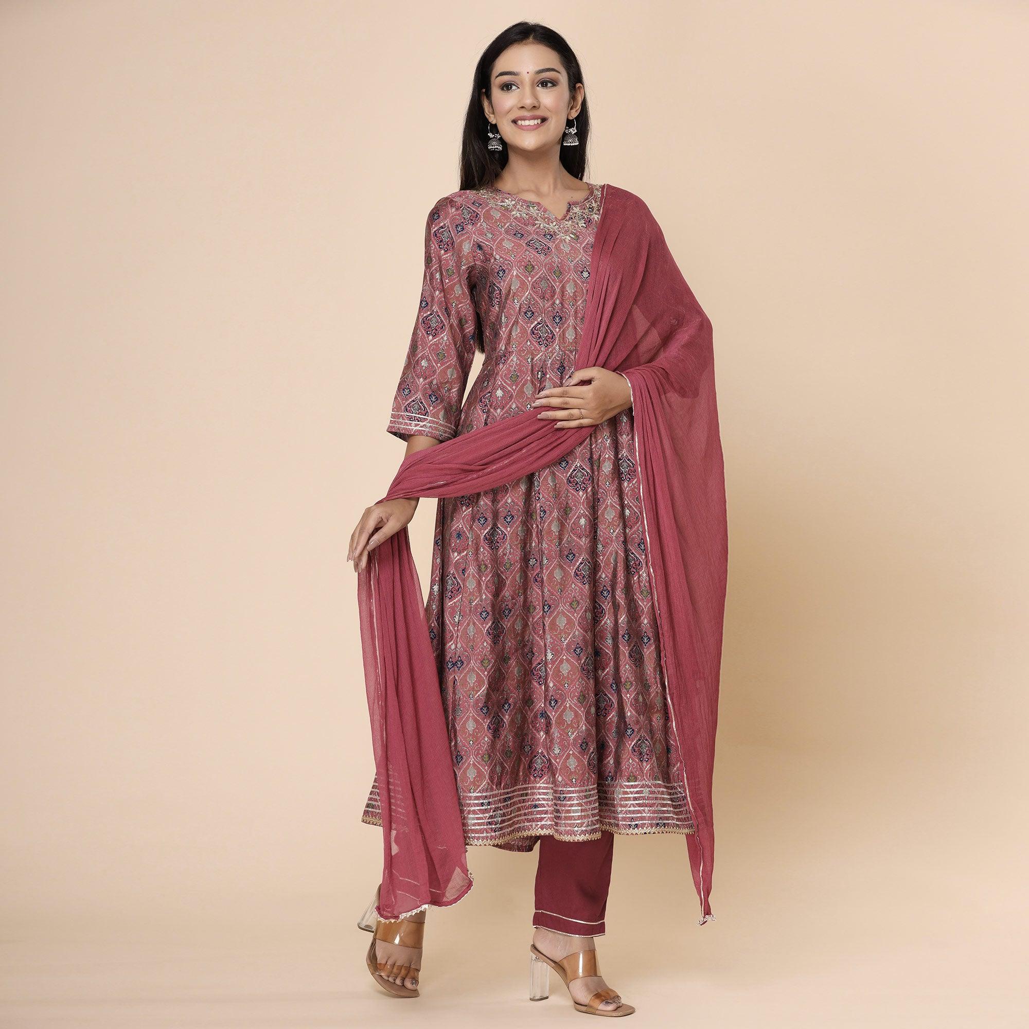 Maroon Printed Cotton Silk Anarkali Kurti Pant Set With Dupatta - Peachmode