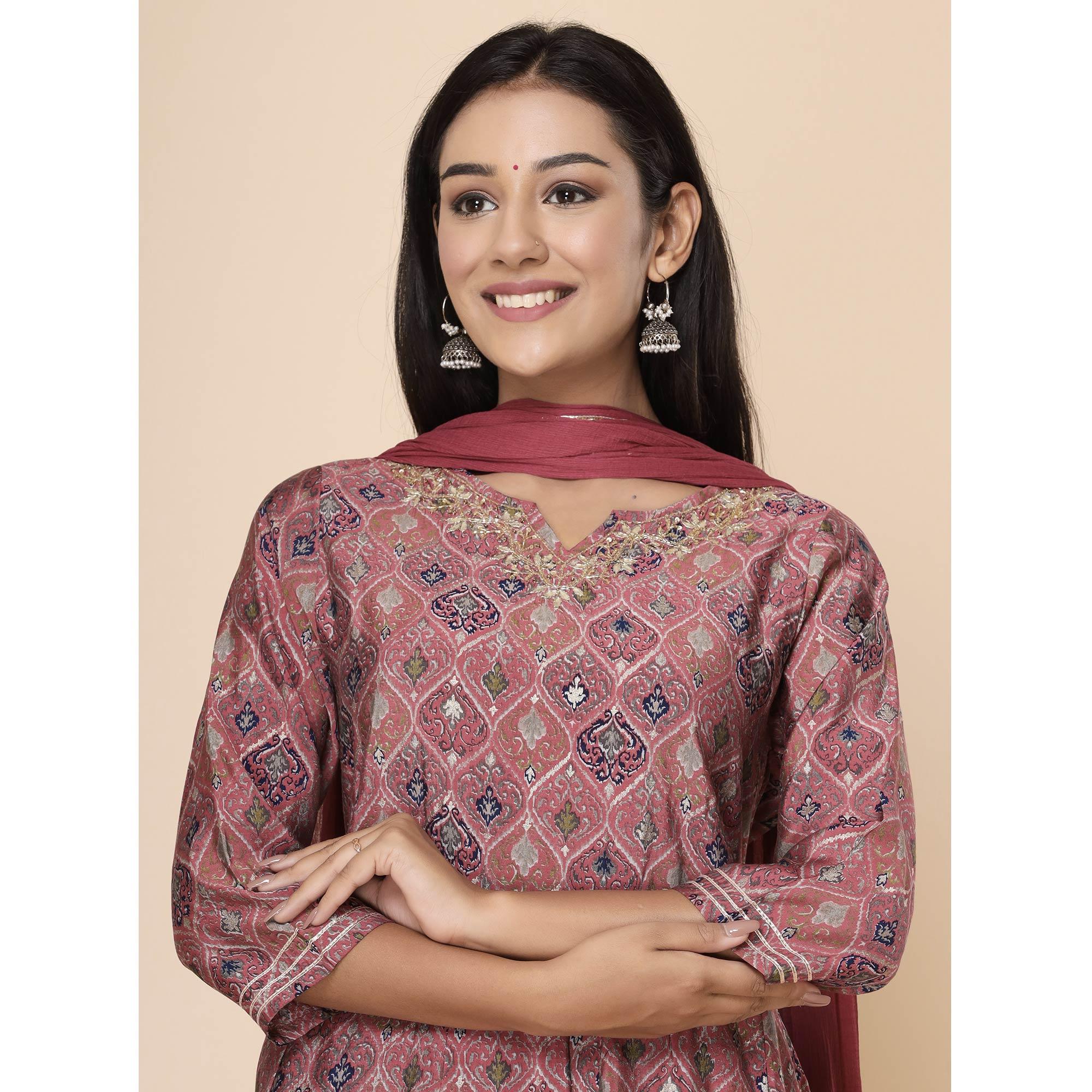 Maroon Printed Cotton Silk Anarkali Kurti Pant Set With Dupatta - Peachmode