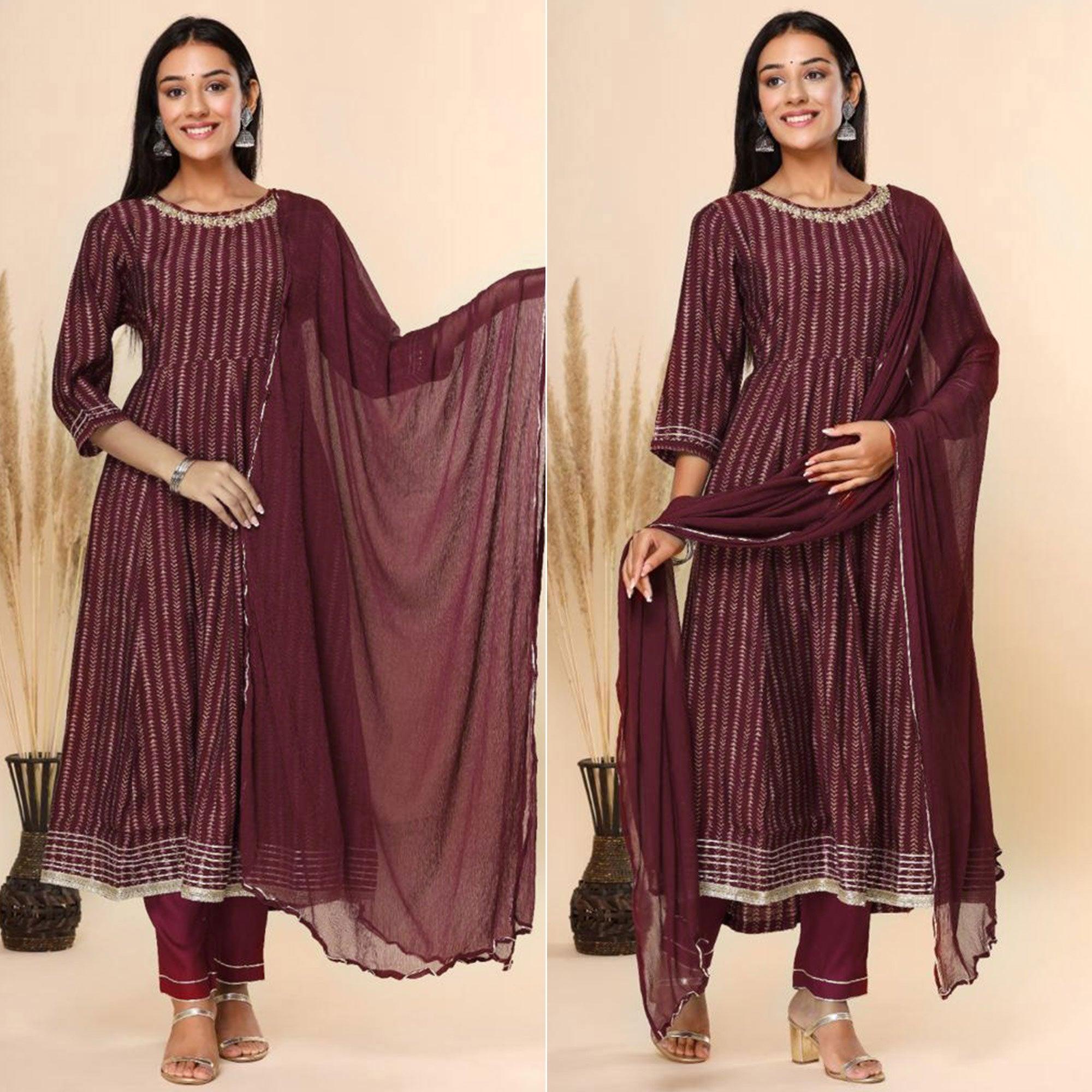 Maroon Printed Cotton Silk Anarkali Suit - Peachmode