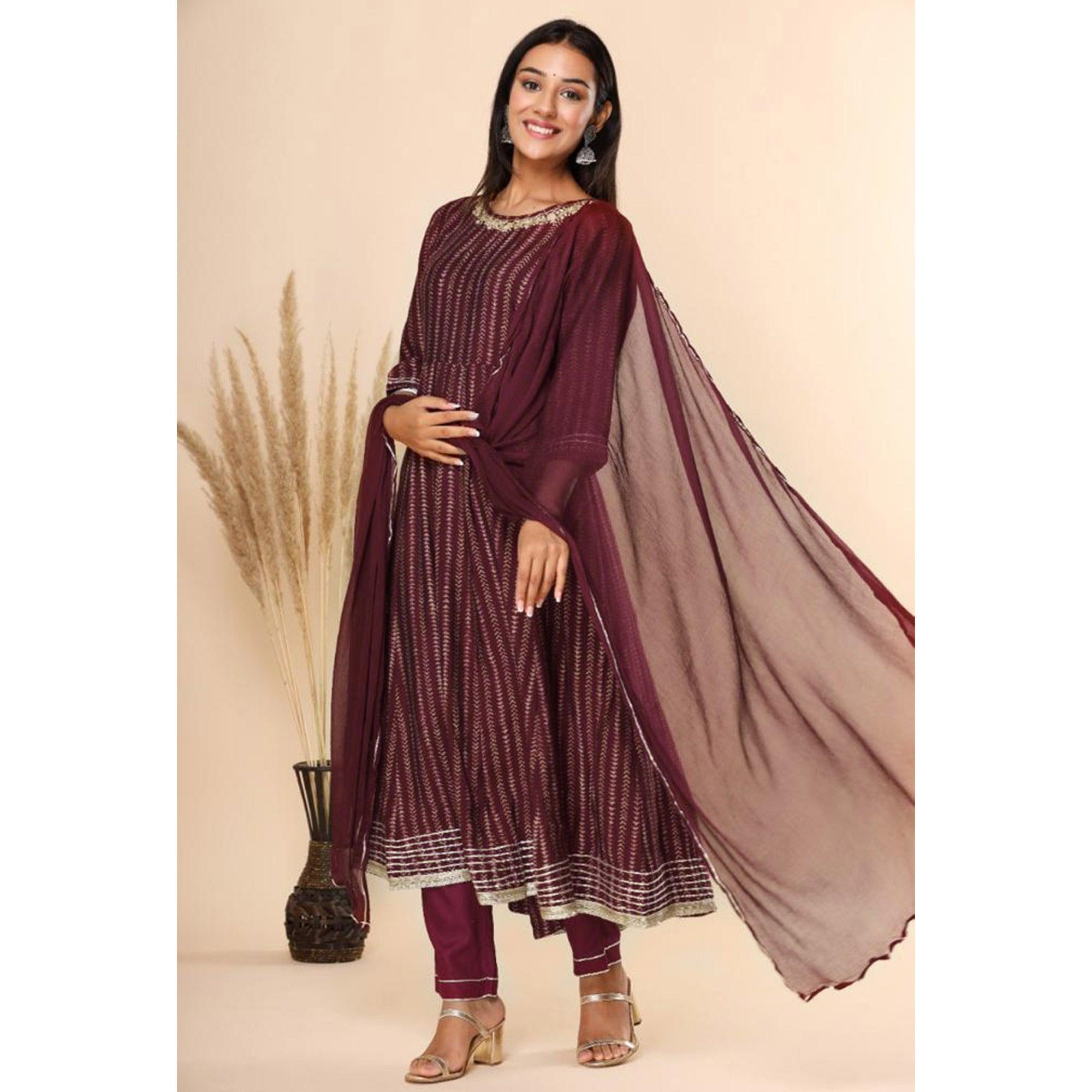 Maroon Printed Cotton Silk Anarkali Suit - Peachmode