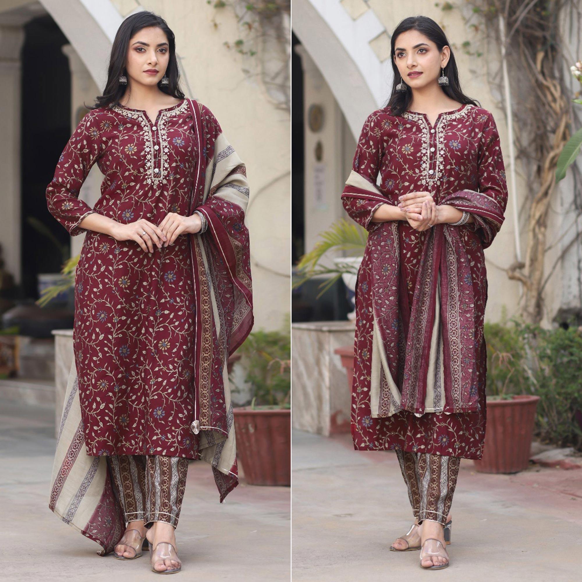 Maroon Printed Cotton Silk Kurti Pant Set With Dupatta - Peachmode