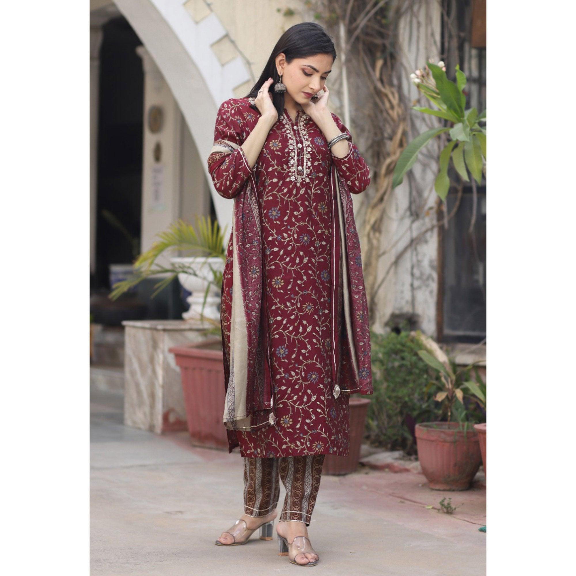 Maroon Printed Cotton Silk Kurti Pant Set With Dupatta - Peachmode
