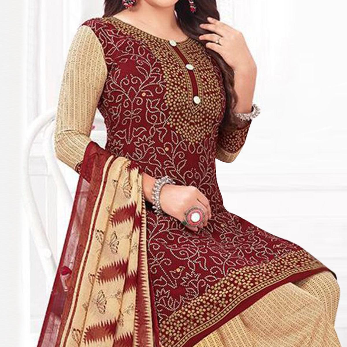 Maroon Printed Crepe Patiala Dress Material - Peachmode