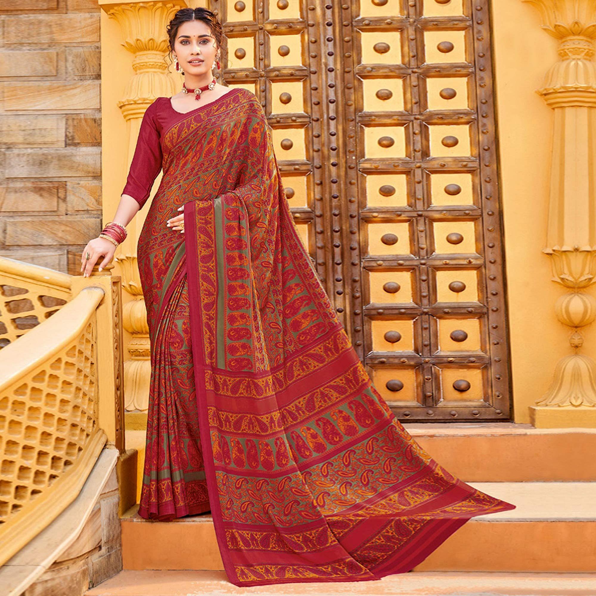 Maroon Printed Crepe Saree - Peachmode