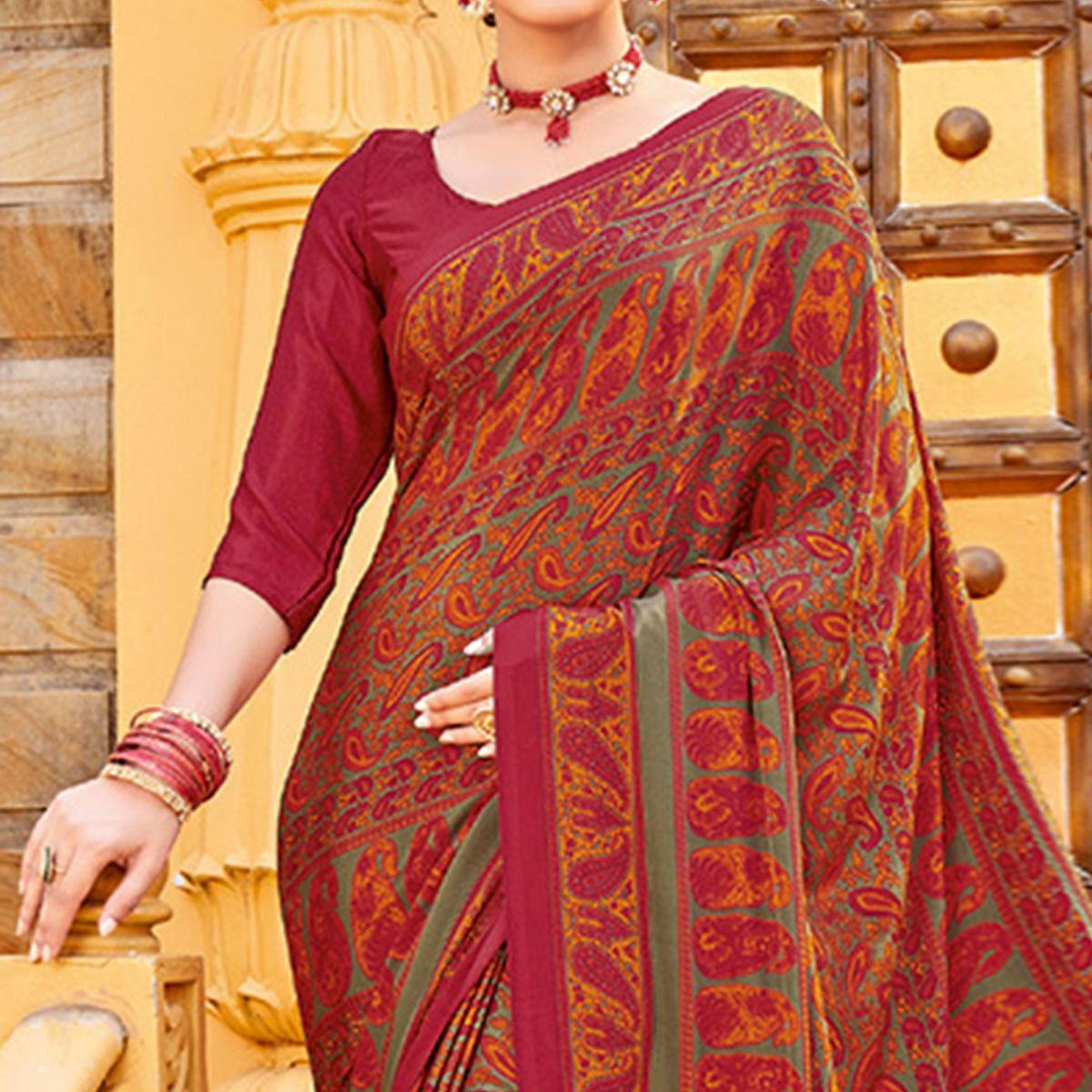 Maroon Printed Crepe Saree - Peachmode