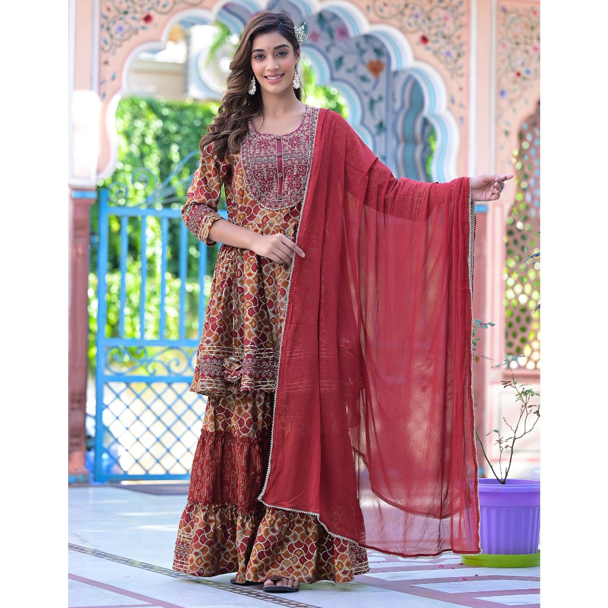 Maroon Printed-Embroidered Chanderi Sharara Suit - Peachmode