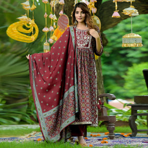 Maroon Printed-Embroidered Muslin Anarkali Suit - Peachmode