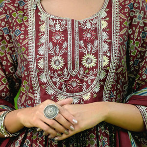 Maroon Printed-Embroidered Muslin Anarkali Suit - Peachmode