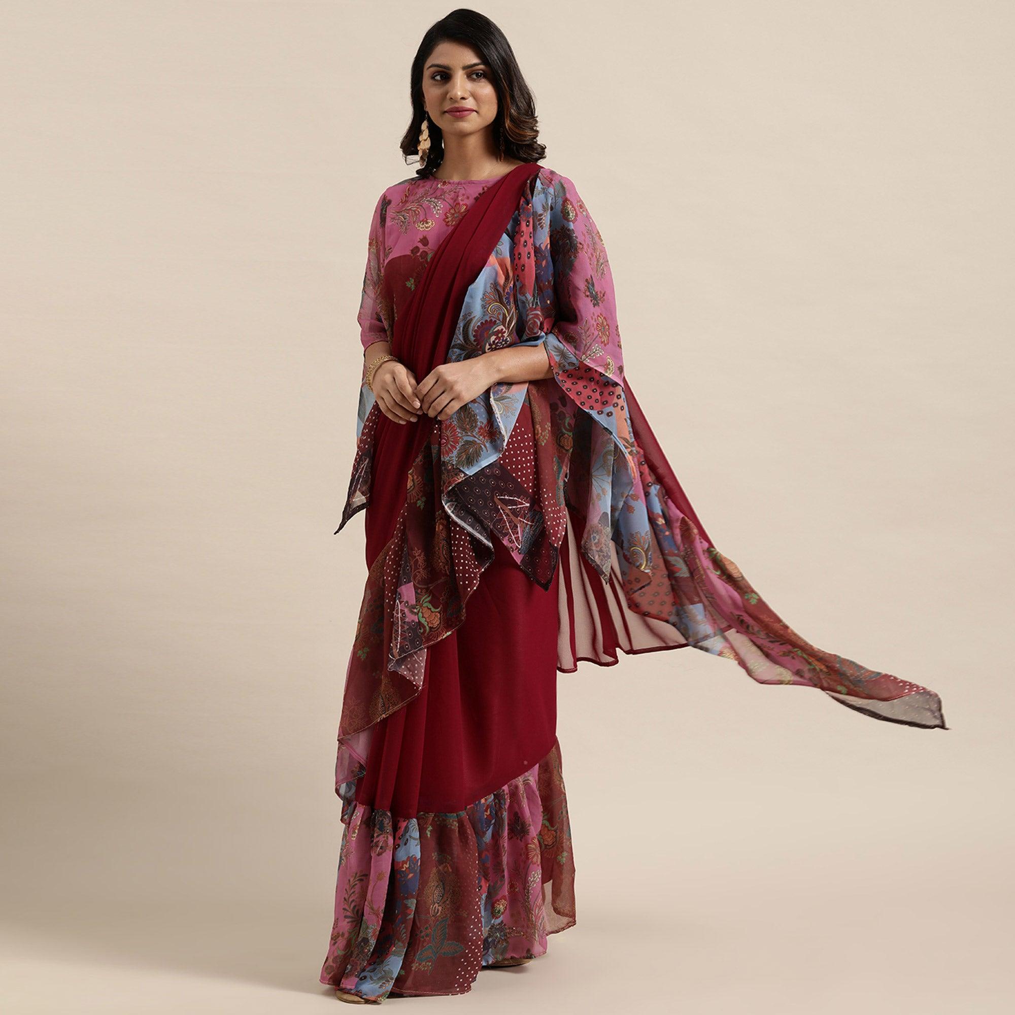 Maroon Printed Georgette Saree - Peachmode
