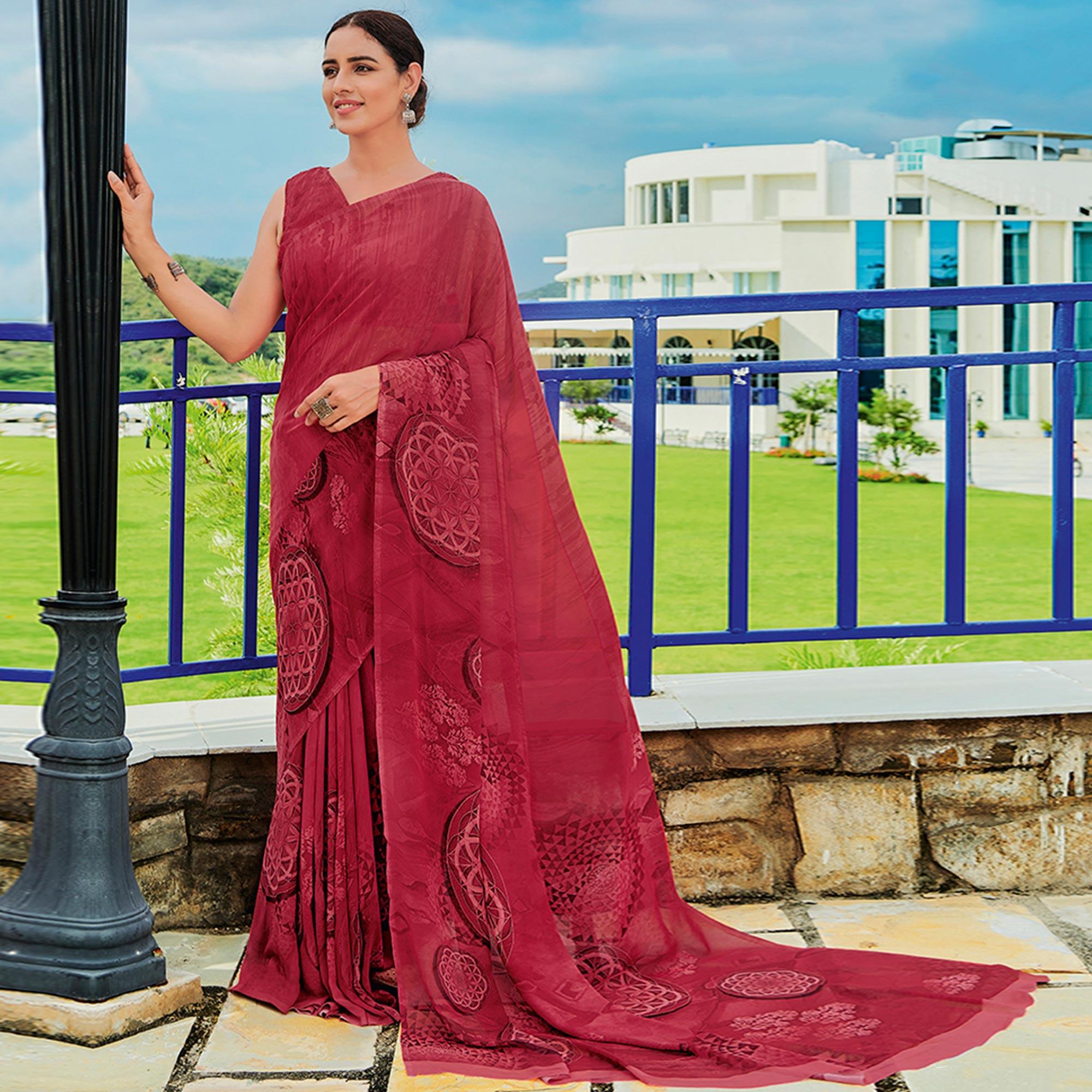 Maroon Printed Georgette Saree - Peachmode
