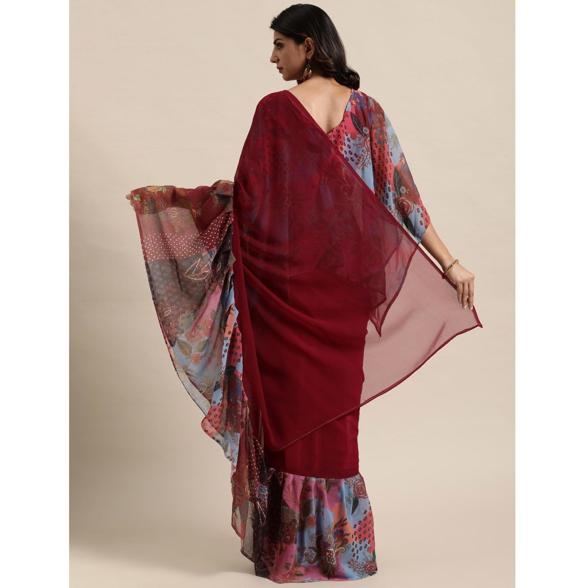 Maroon Printed Georgette Saree - Peachmode