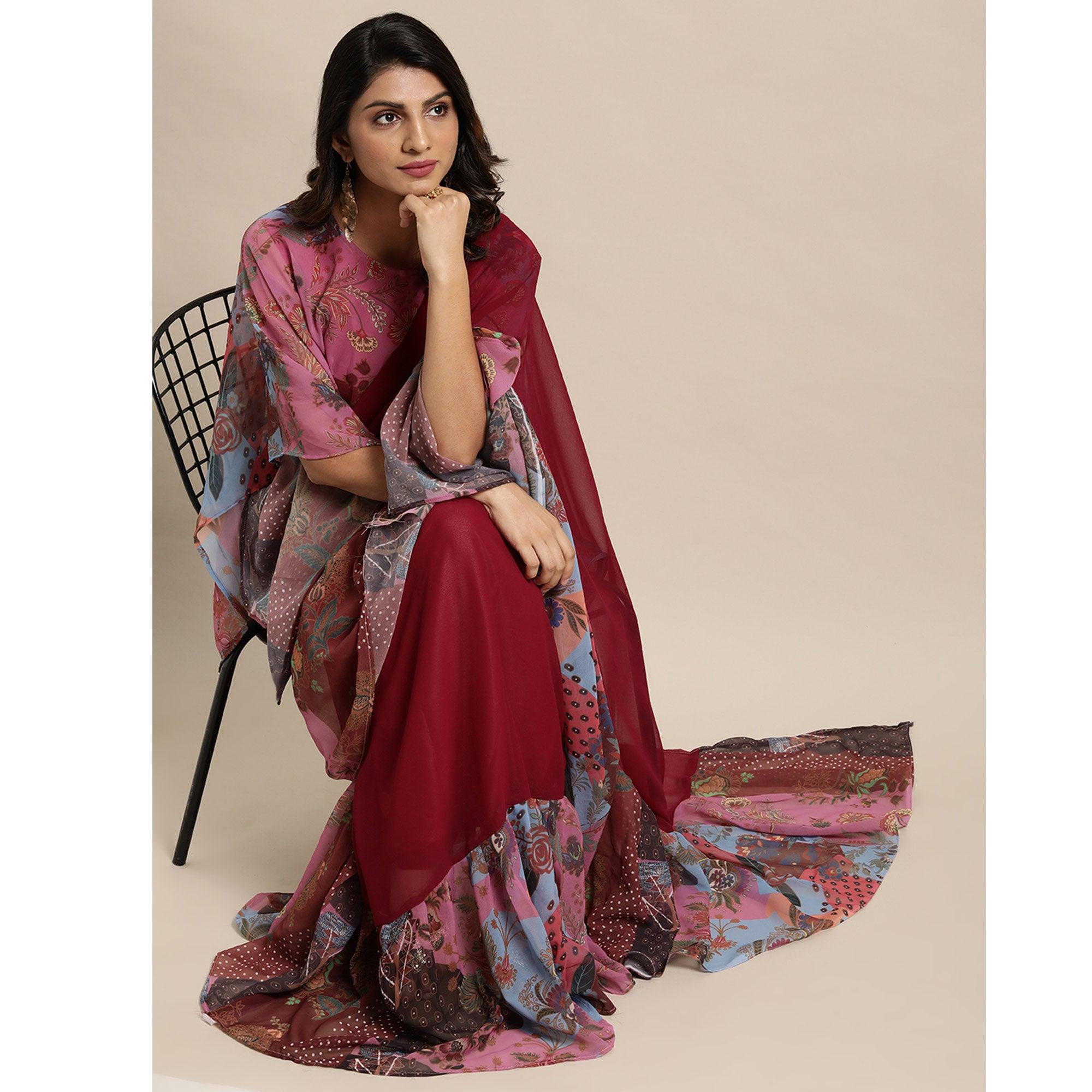 Maroon Printed Georgette Saree - Peachmode