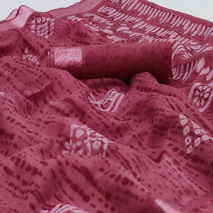 Maroon Printed Linen Saree - Peachmode