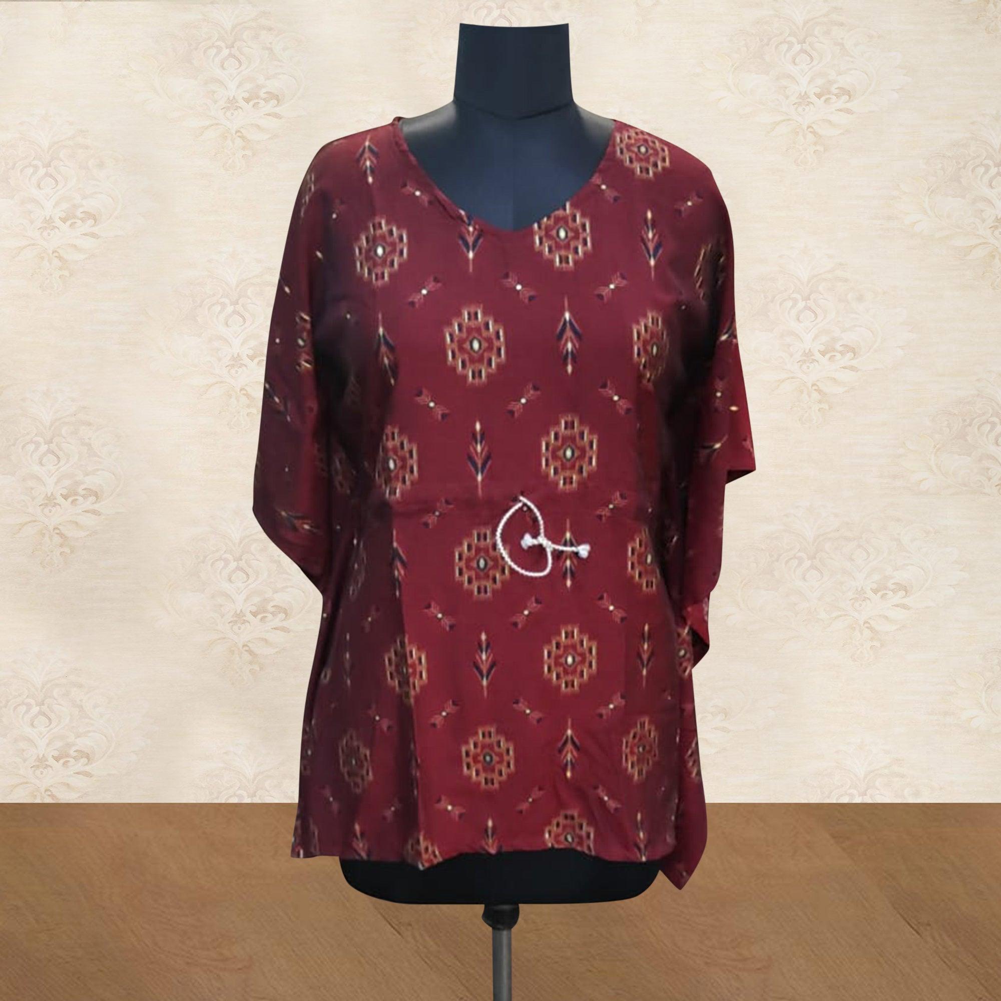 Maroon Printed Muslin Kaftan Style Top - Peachmode