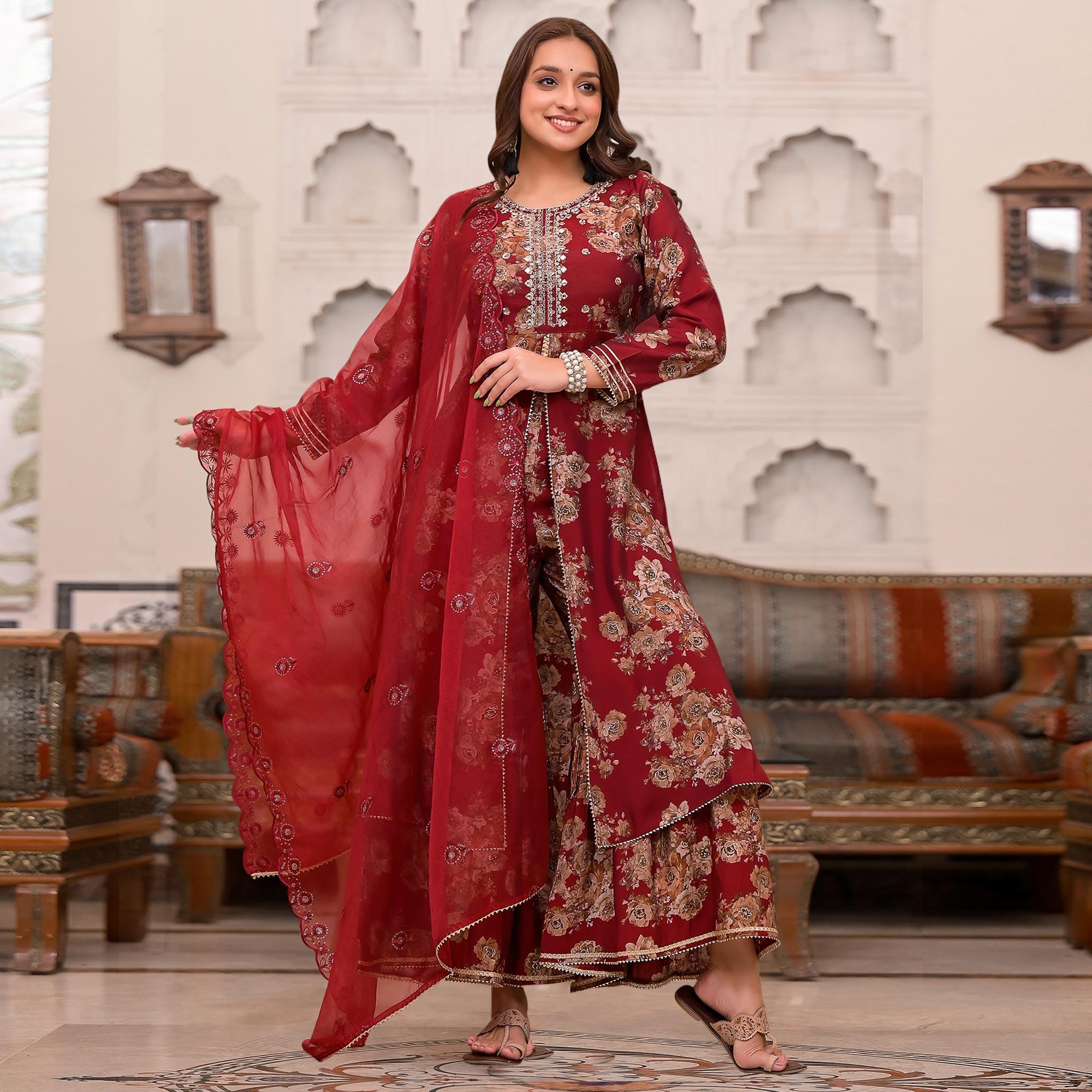 Maroon Printed Muslin Sharara Suit - Peachmode