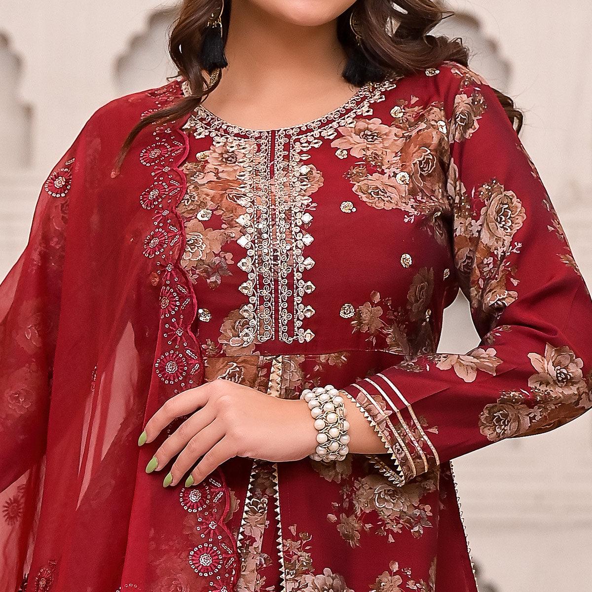 Maroon Printed Muslin Sharara Suit - Peachmode