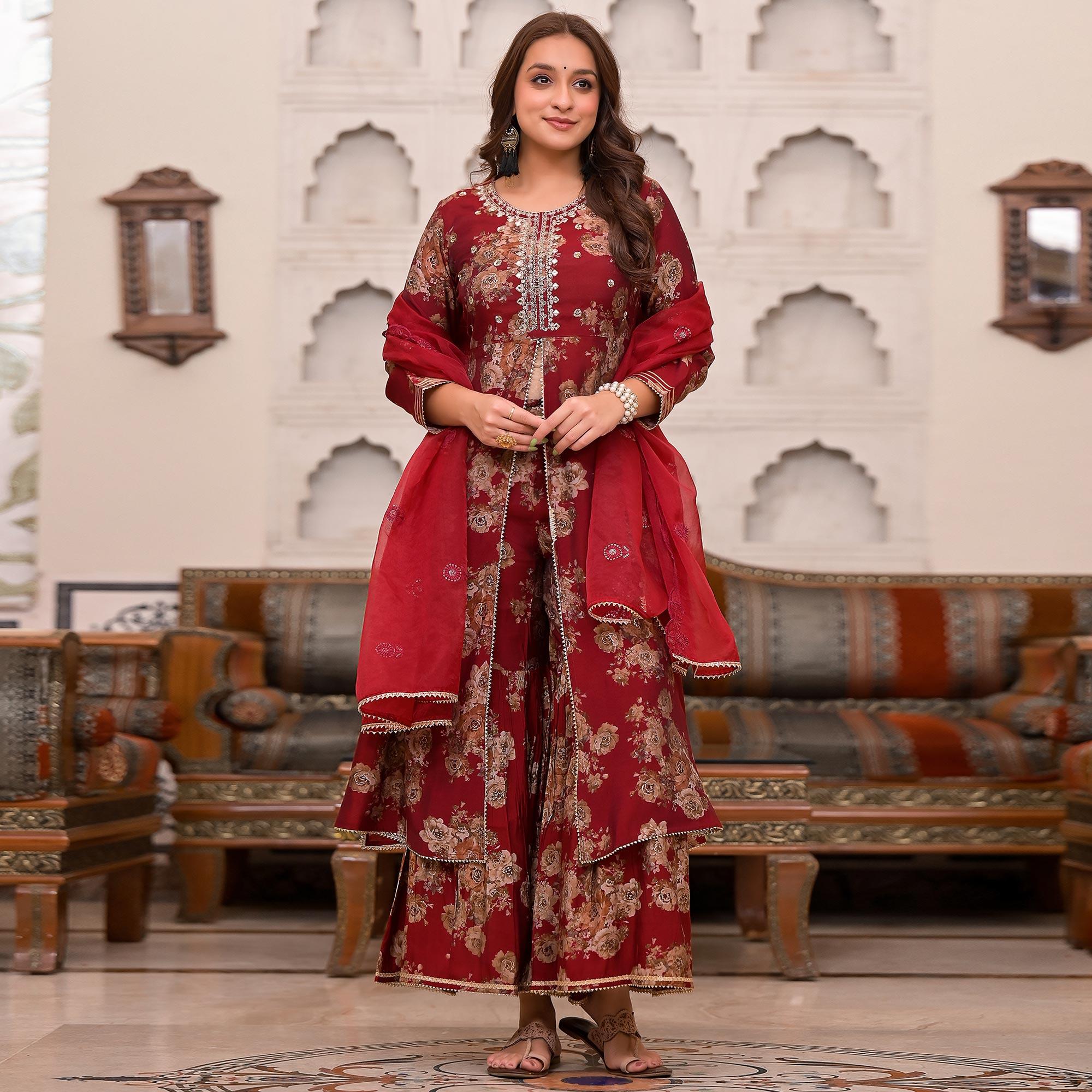 Maroon Printed Muslin Sharara Suit - Peachmode