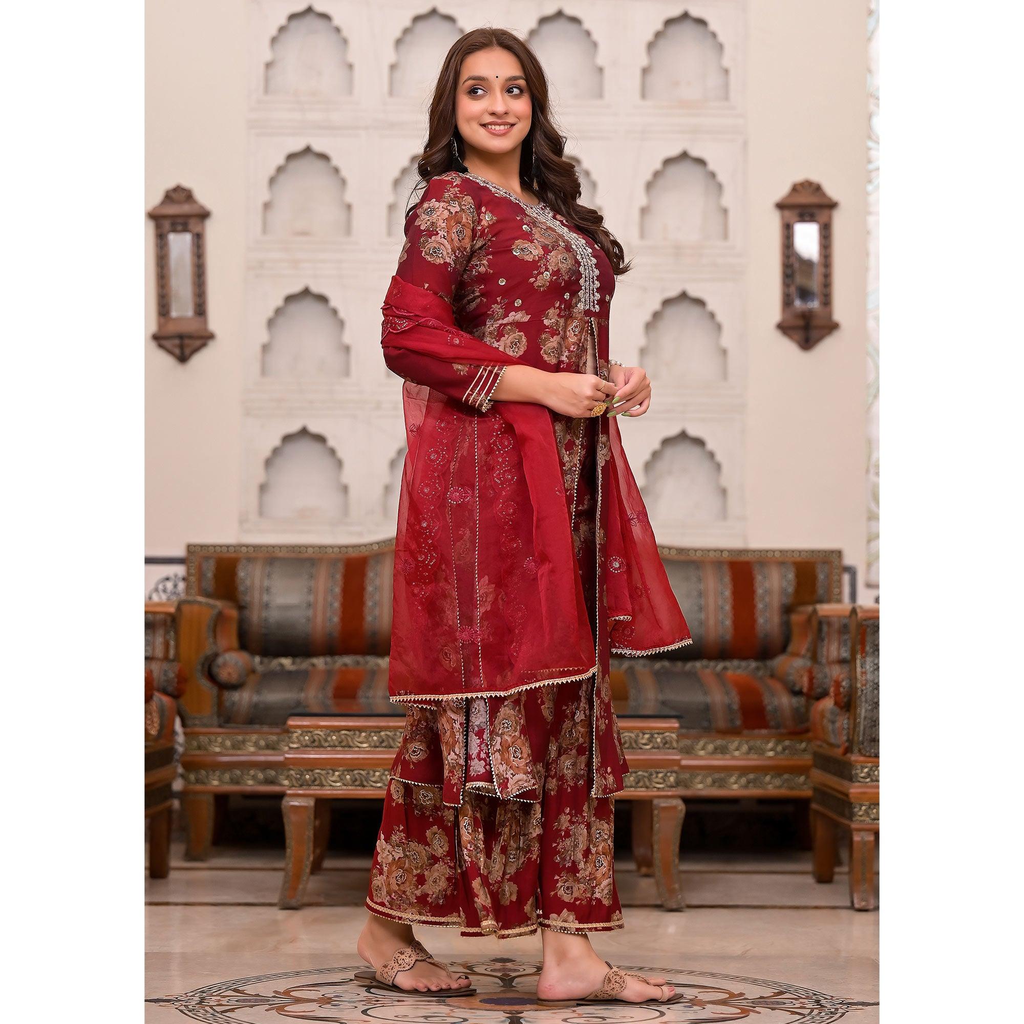 Maroon Printed Muslin Sharara Suit - Peachmode