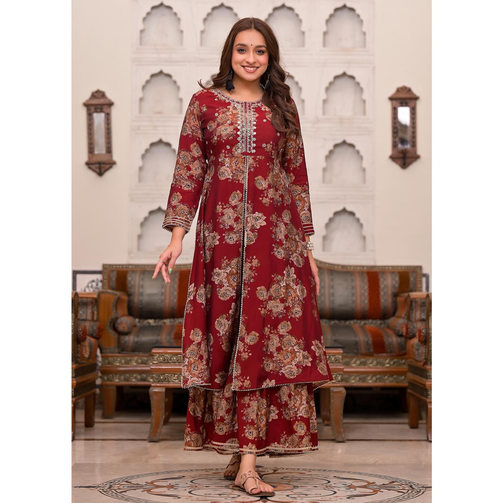 Maroon Printed Muslin Sharara Suit - Peachmode