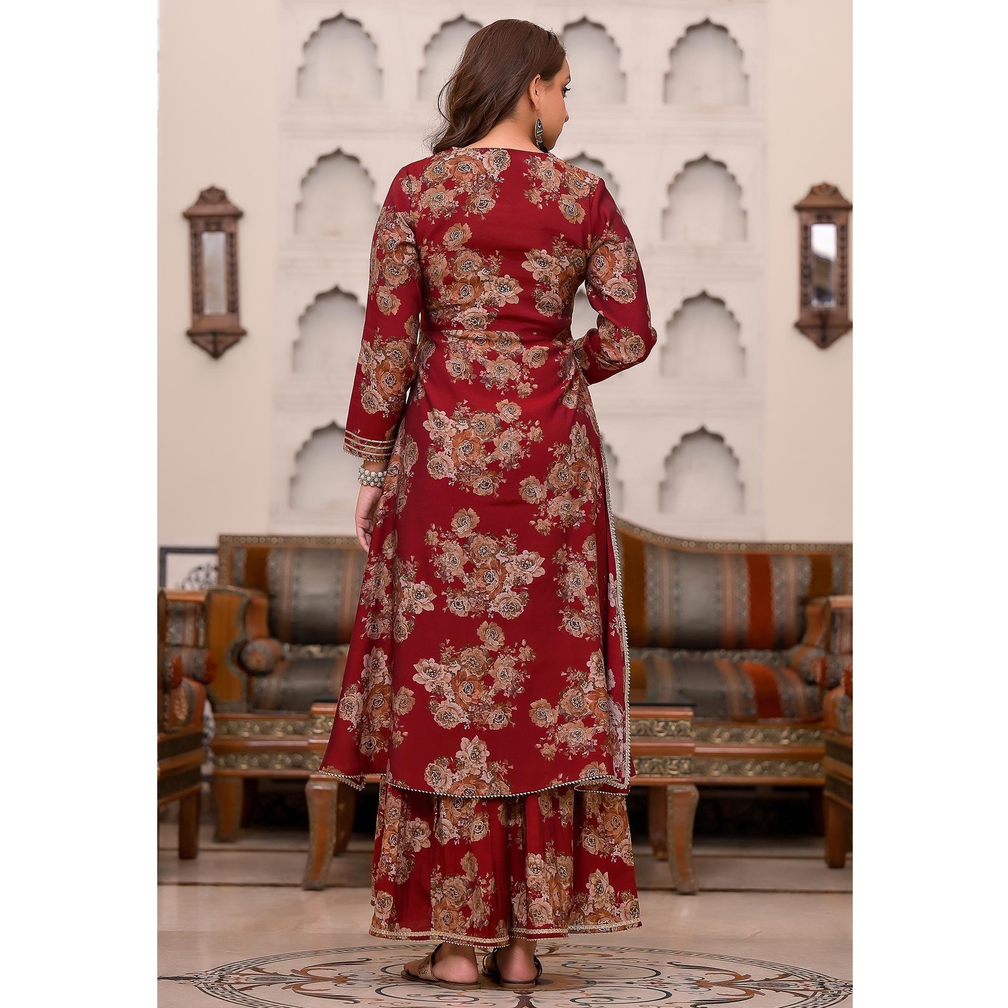 Maroon Printed Muslin Sharara Suit - Peachmode