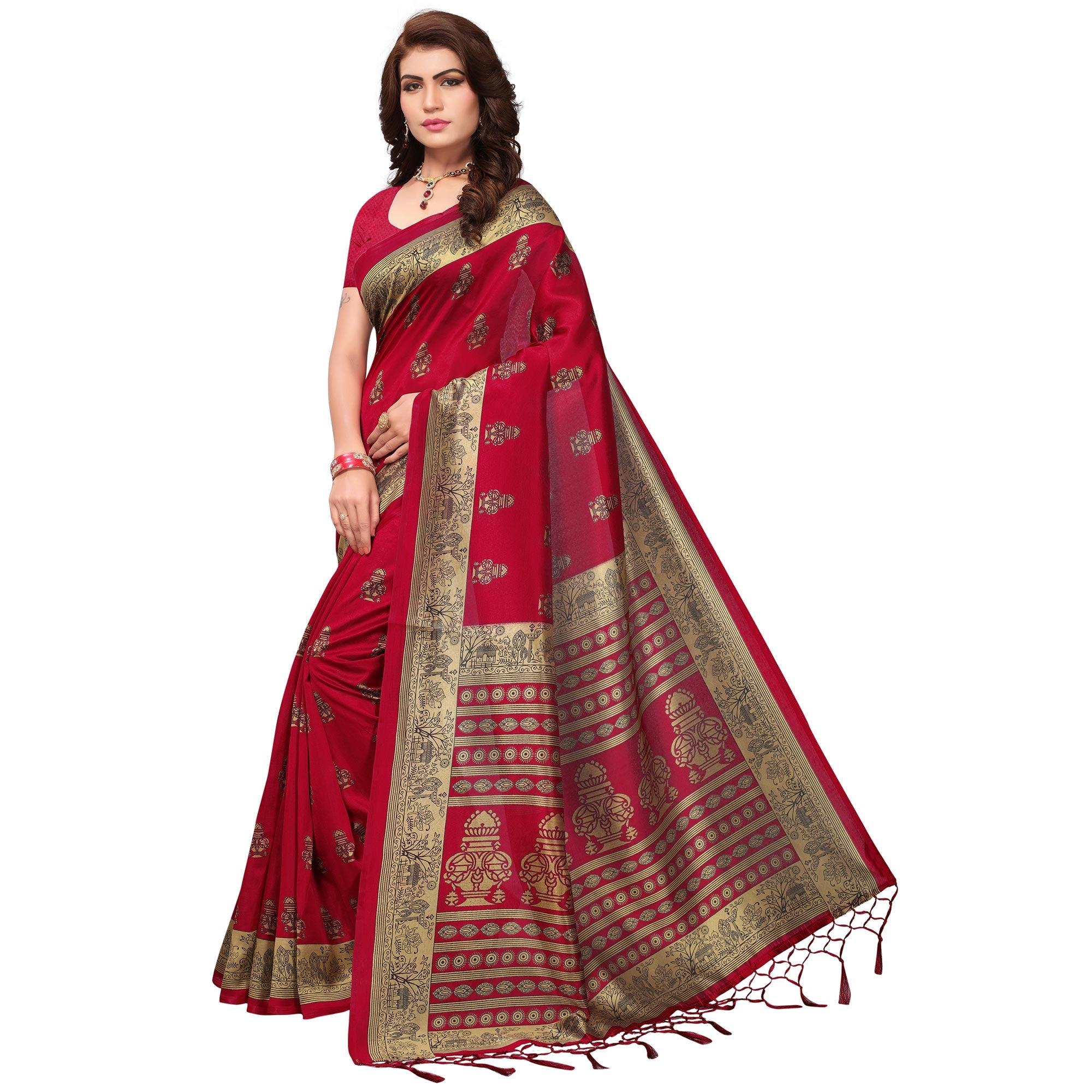 Maroon Printed Mysore Art Silk Saree - Peachmode