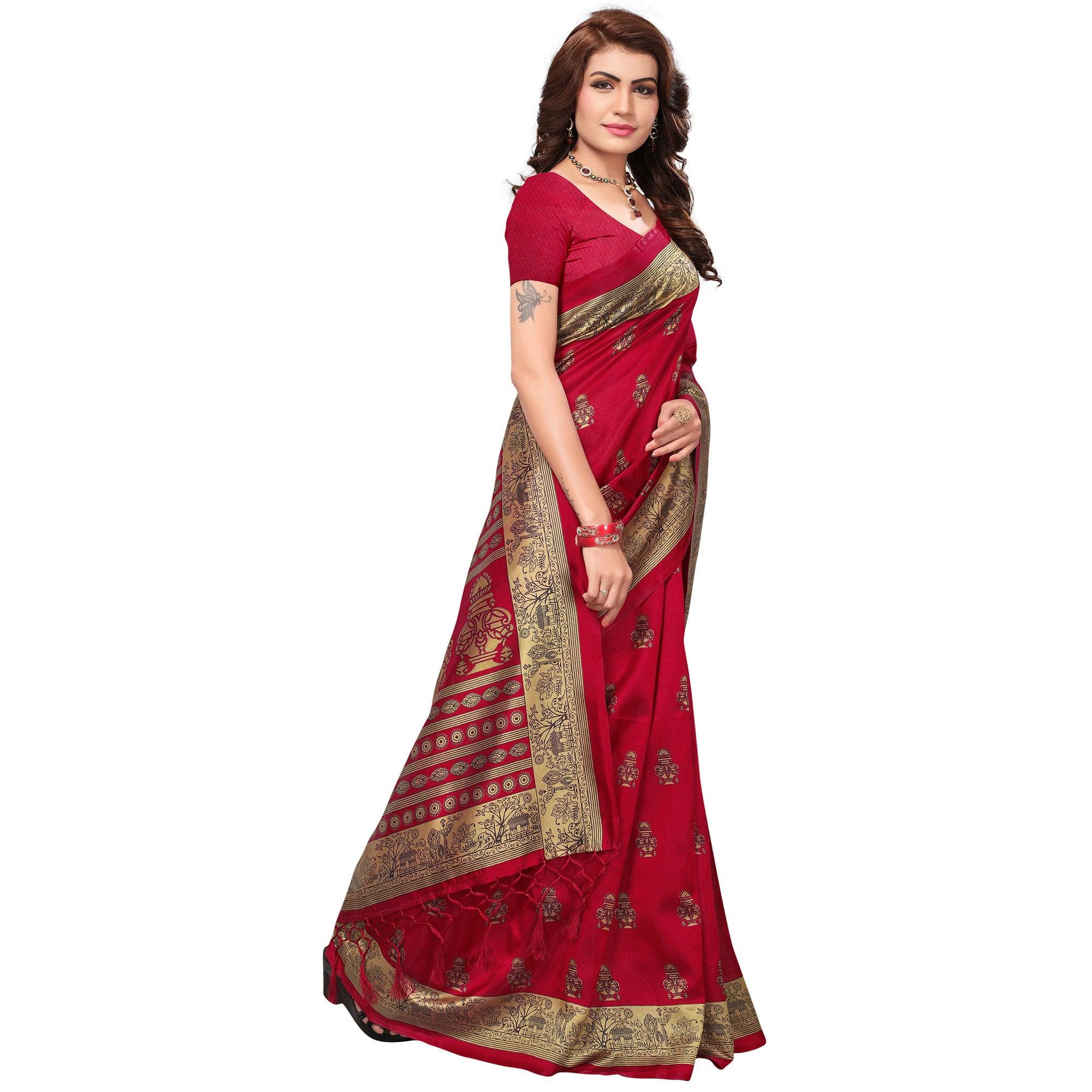 Maroon Printed Mysore Art Silk Saree - Peachmode