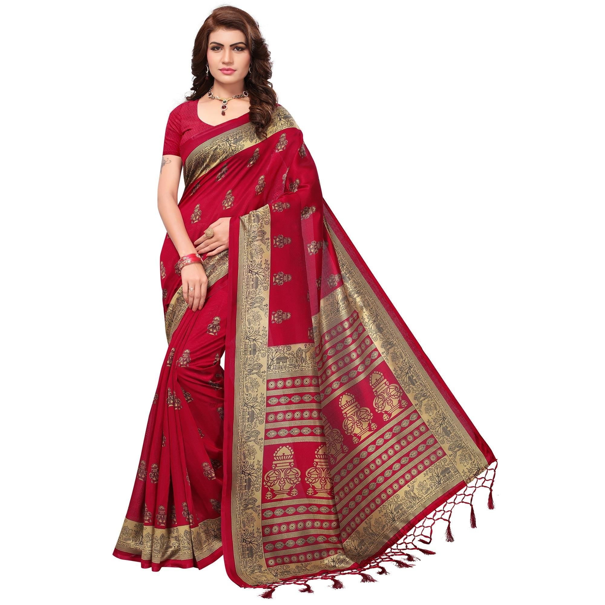 Maroon Printed Mysore Art Silk Saree - Peachmode