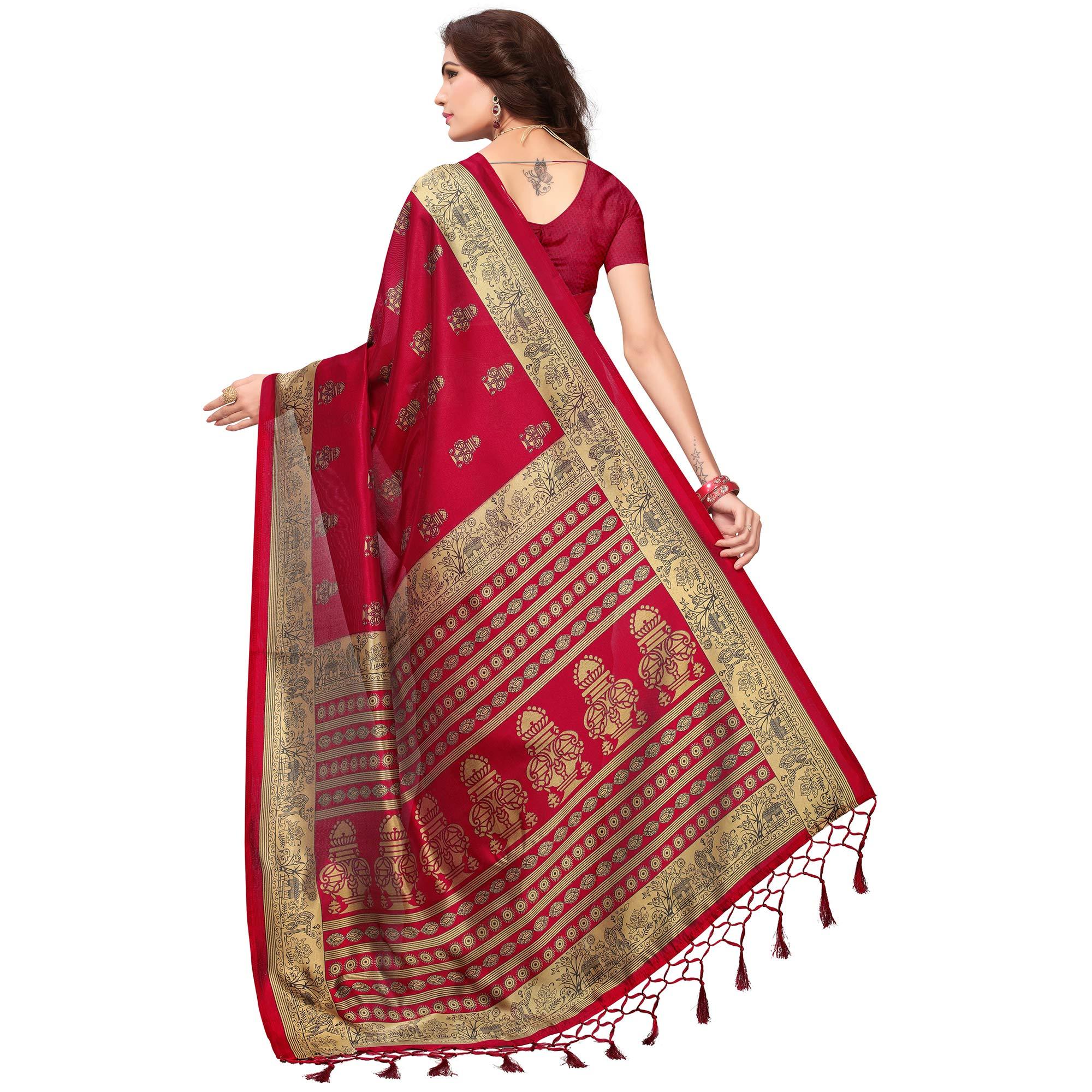 Maroon Printed Mysore Art Silk Saree - Peachmode