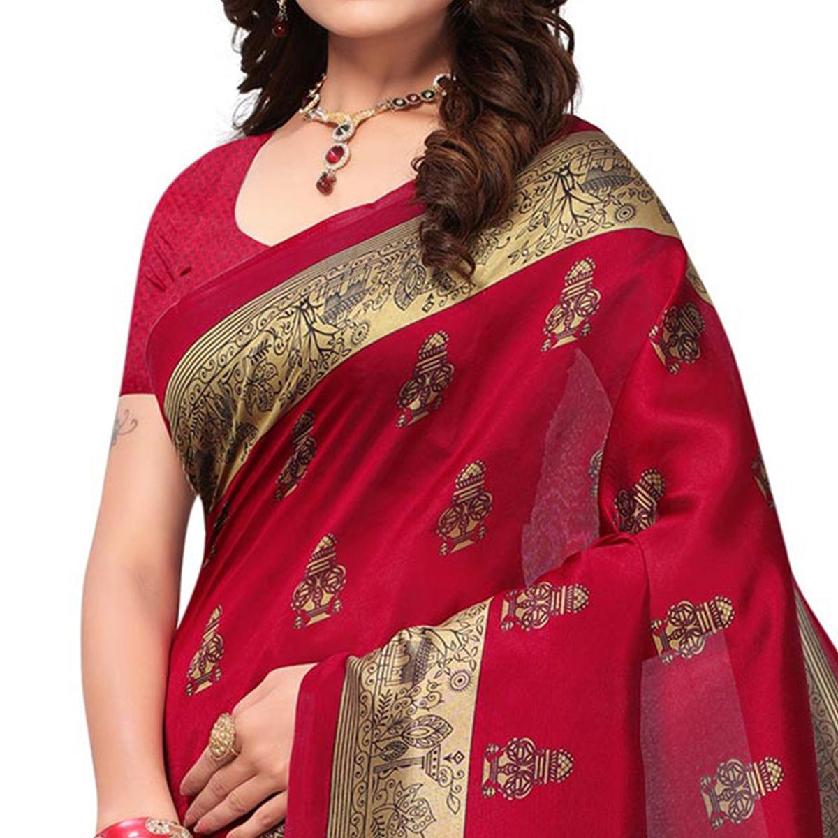 Maroon Printed Mysore Art Silk Saree - Peachmode