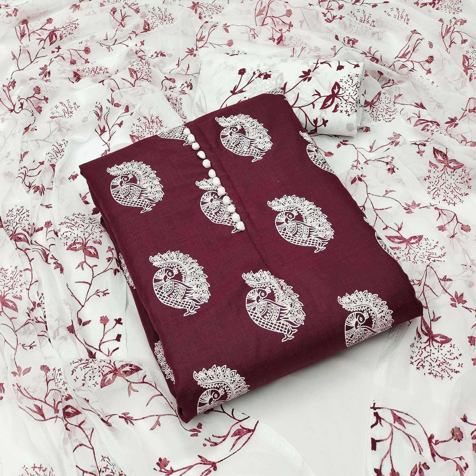 Maroon Printed Poly Cotton Dress Material - Peachmode