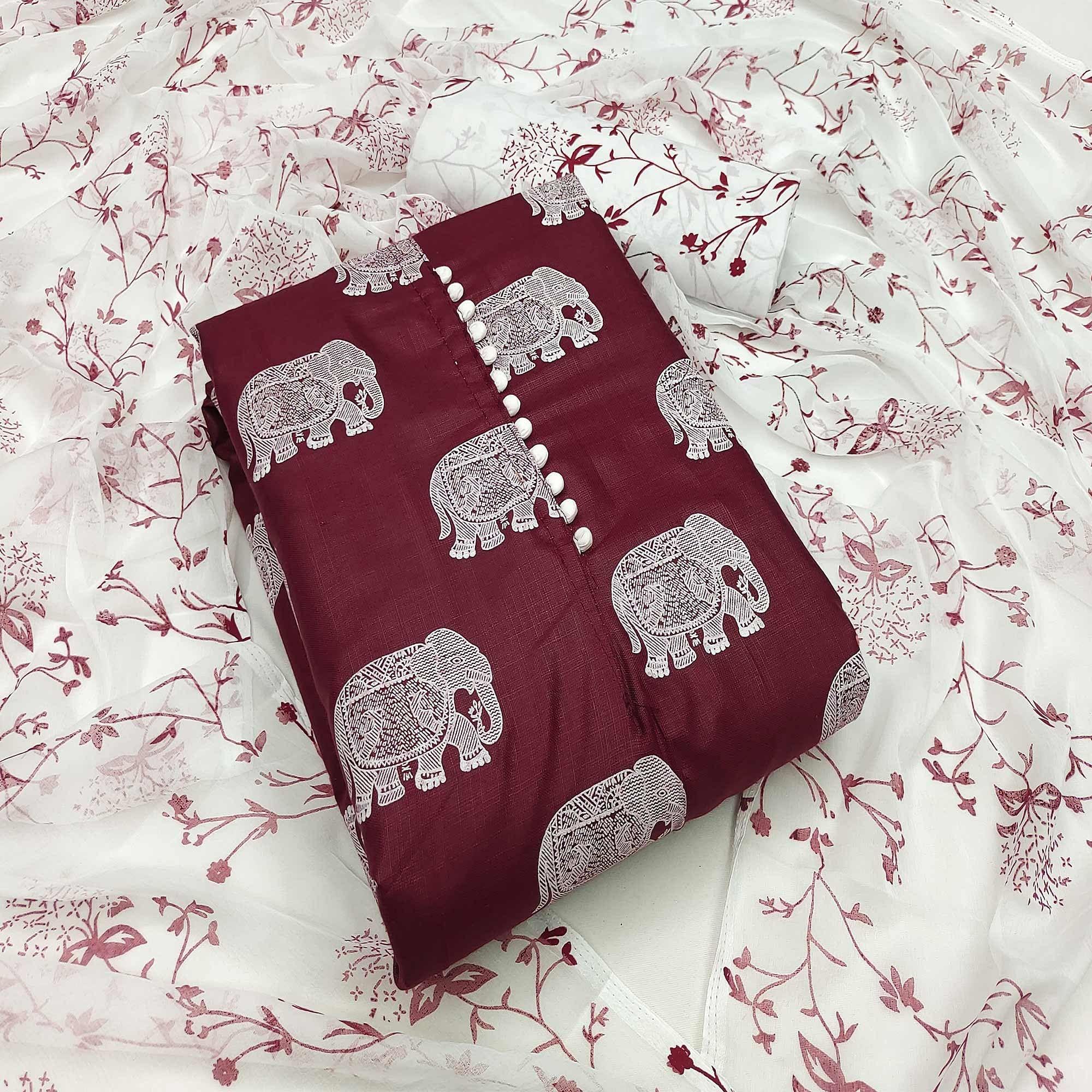 Maroon Printed Poly Cotton Dress Material - Peachmode