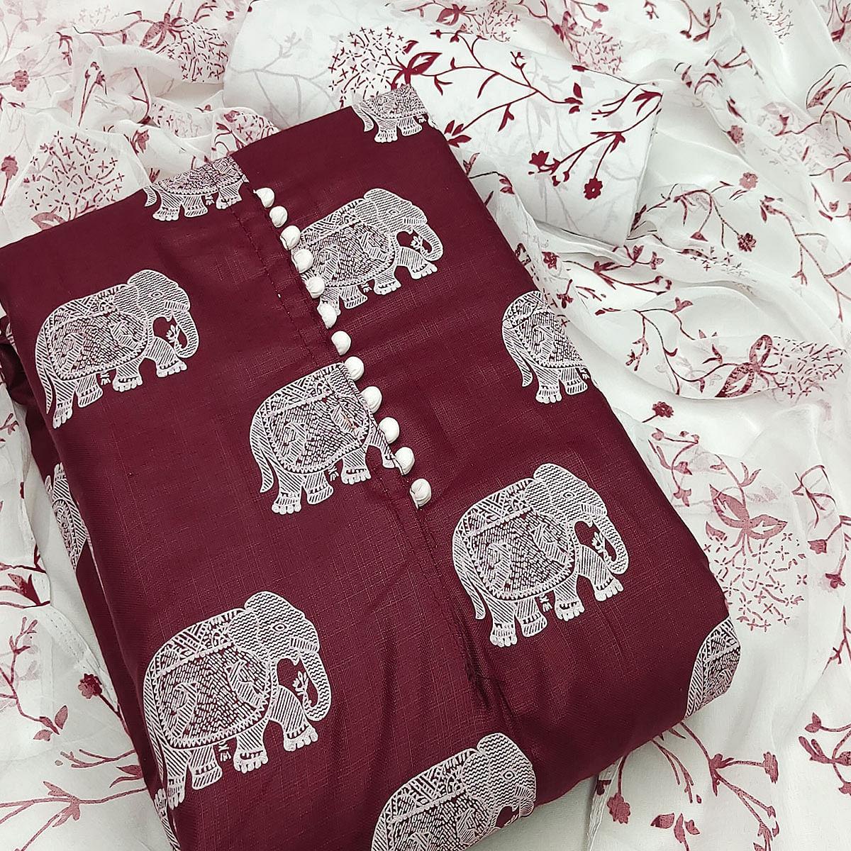 Maroon Printed Poly Cotton Dress Material - Peachmode