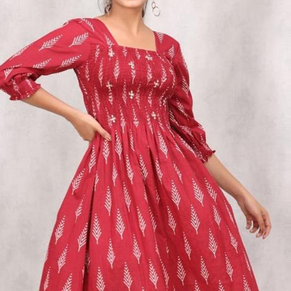 Maroon Printed Pure Cotton Dress - Peachmode