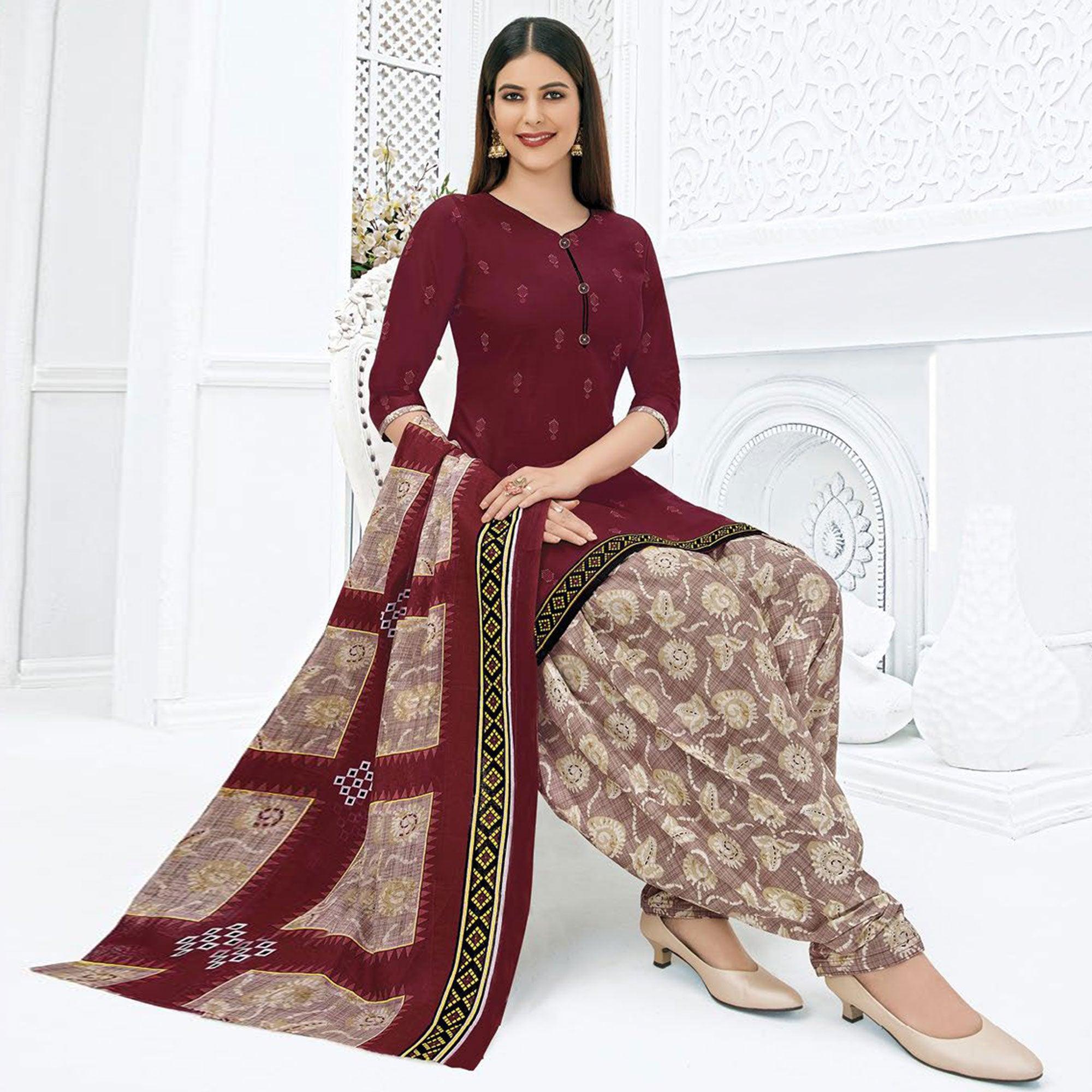 Maroon Printed Pure Cotton Stitched Patiala Suit - Peachmode